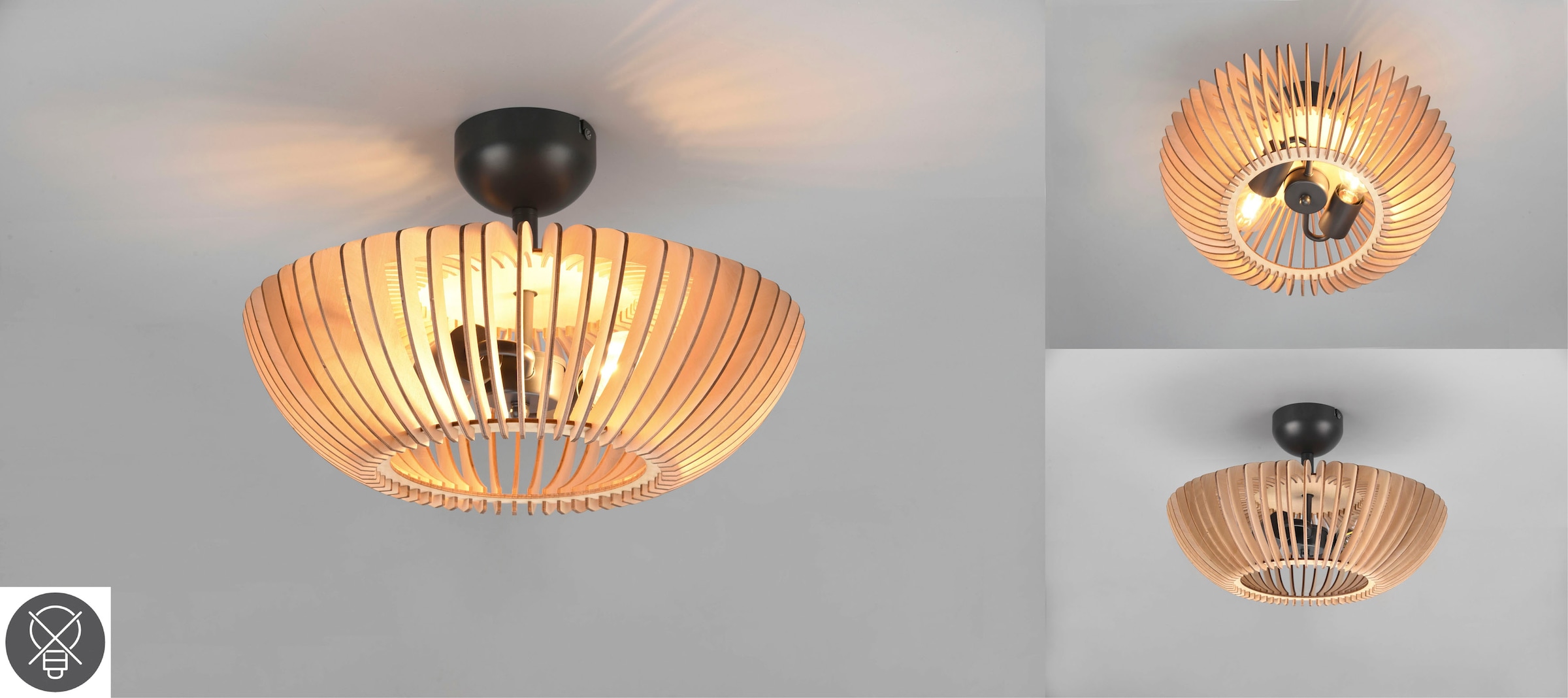 TRIO Leuchten Deckenleuchte »Colino«, 2 flammig, Leuchtmittel E27 | ohne Leuchtmittel, Schlafzimmer Deckenlampe mit Holzschirm Ø40cm exkl 2xE27 (max 40 Watt)