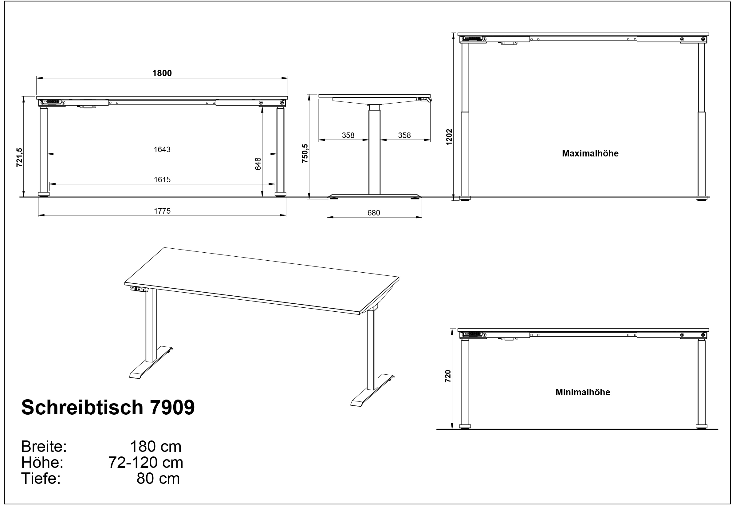 GERMANIA Schreibtisch »Mailand, elektrisch höhenverstellbar«, in Breitenvariante 120-180 cm, Made in Germany