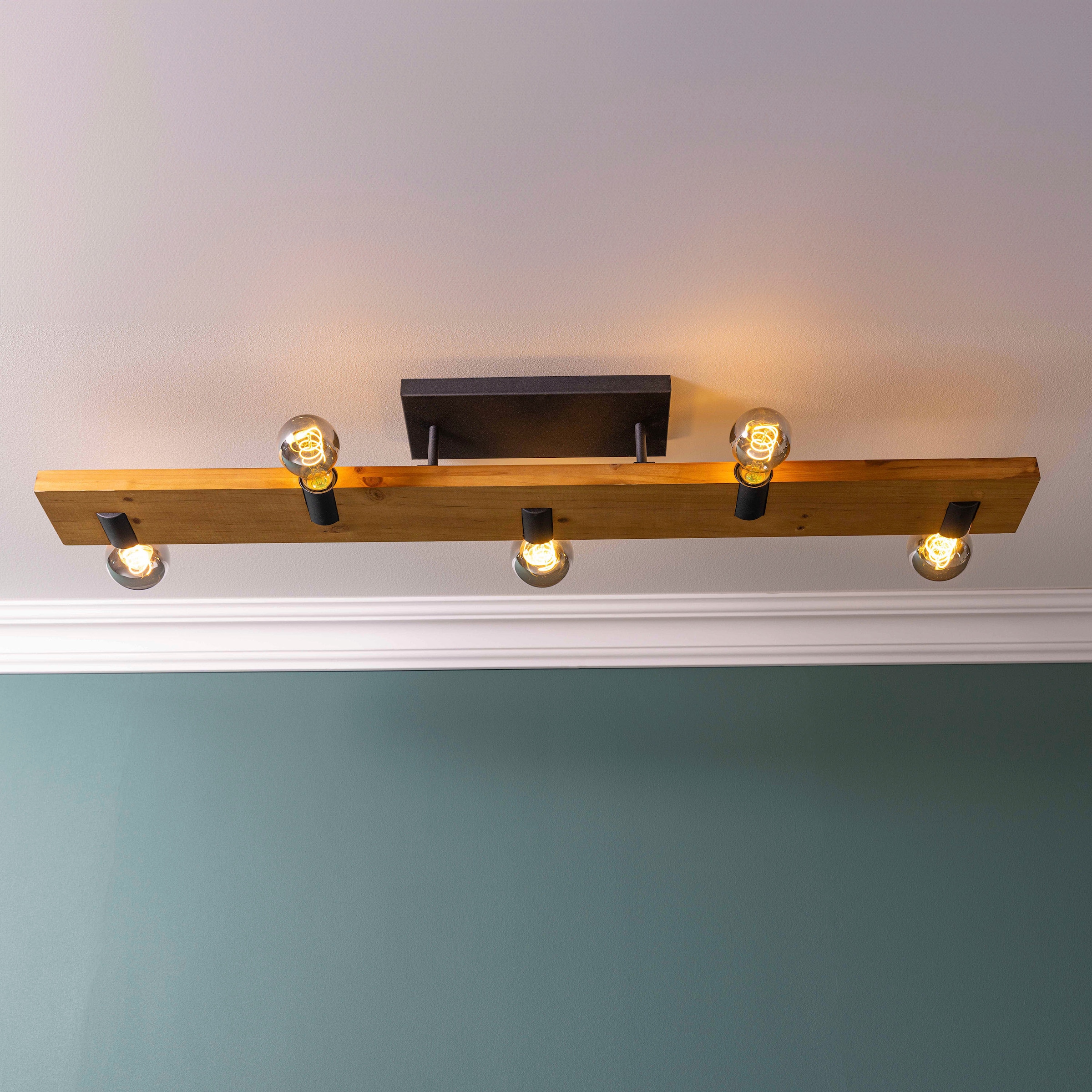 Brilliant Deckenleuchte »Mertes«, 5 flammig, Leuchtmittel E27 | ohne Leuchtmittel, Deckenlampe, E27, 115 x 12,5 cm, Holz/Metall, braun/schwarz