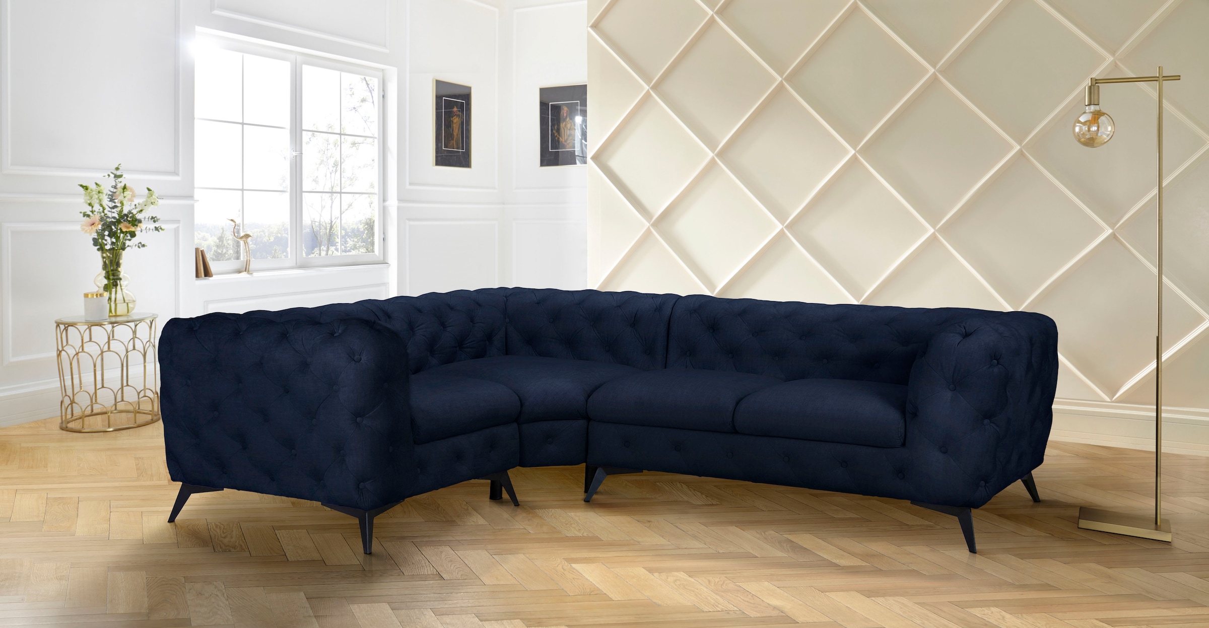Leonique Chesterfield-Sofa »Ecksofa GLYNIS L-Form mit Wellenunterfederung, Maße B/T/H 264/204/75cm«, aufwändige Knopfheftung, moderne Chesterfield Optik, Fußfarbe wählbar