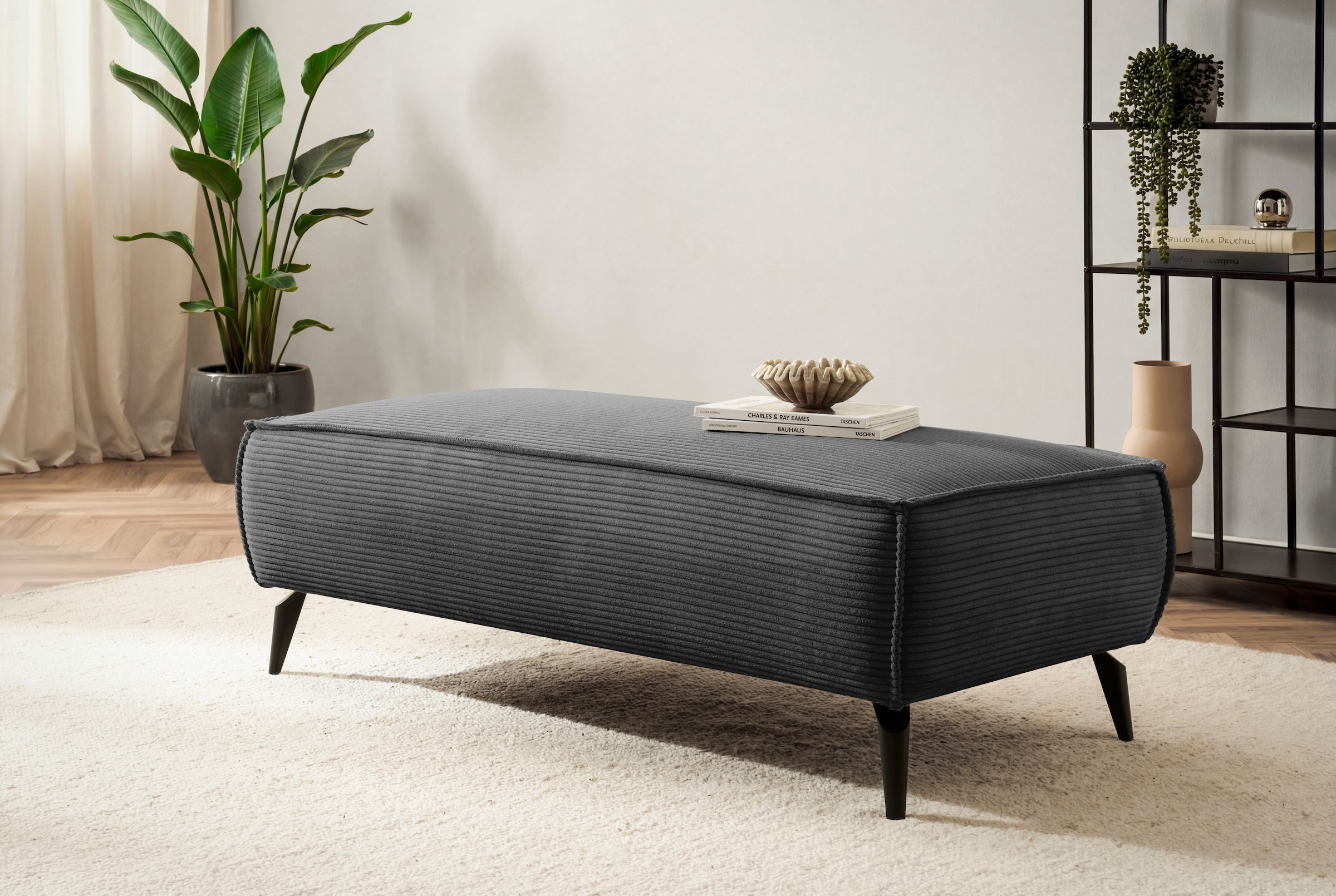 Home affaire Wohnlandschaft »Tvinnu, moderne U-Form, Couch in Cord oder Webstoff in Leinenoptik« Recamiere rechts/links, schwarze Metallfüße, bequeme Sitz-/Liegefläche