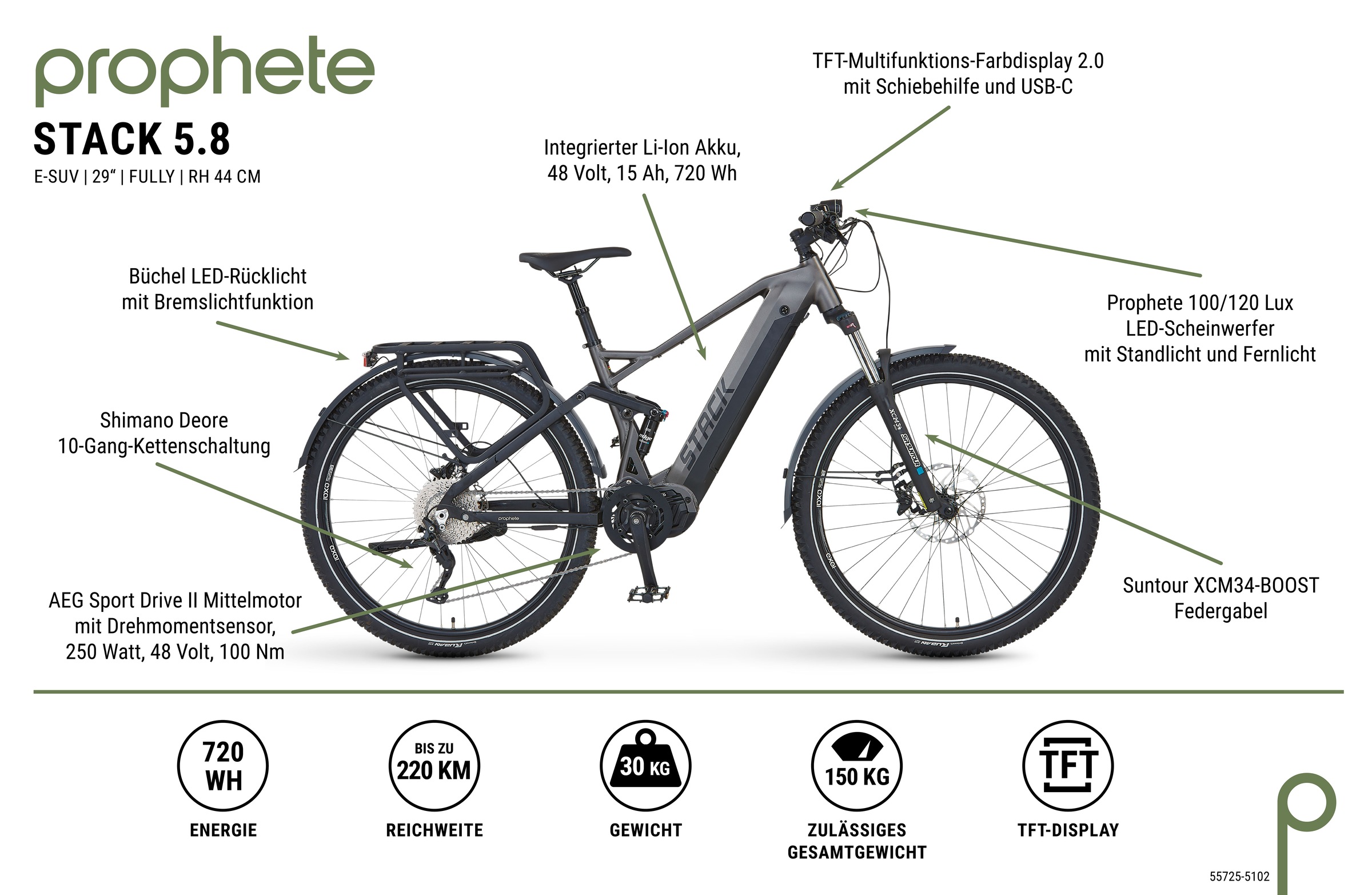 Prophete E-Bike »Stack 5.8«, 10 Gang, Shimano, Deore, Mittelmotor 250 W
