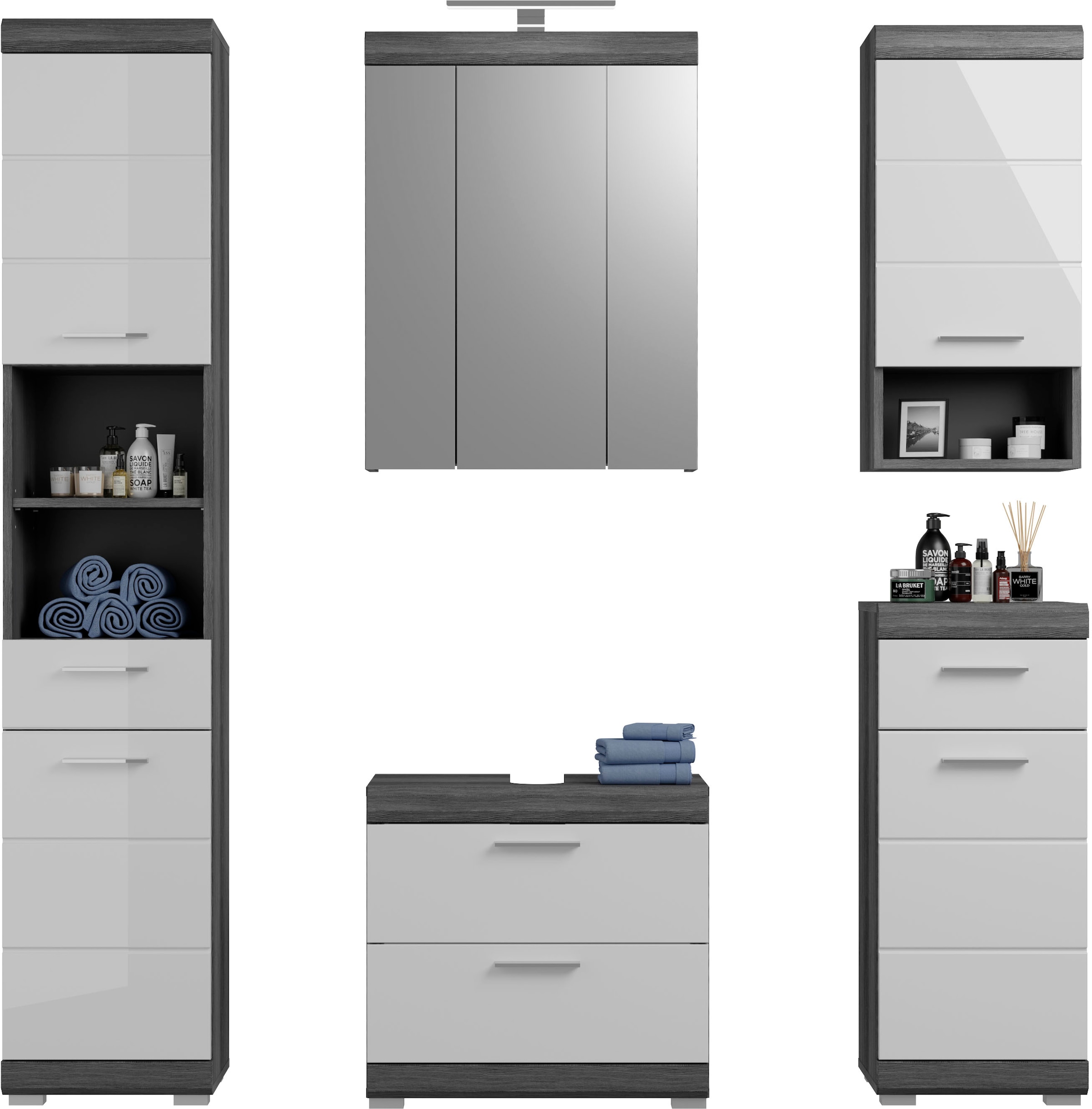 INOSIGN Badmöbel-Set »Siena, 5 teilig, inklusive LED Beleuchtung, bestehend aus:«, (Set, 5 St.), Hochschrank, WBU, Spiegelschrank, Unterschrank, Hängeschrank