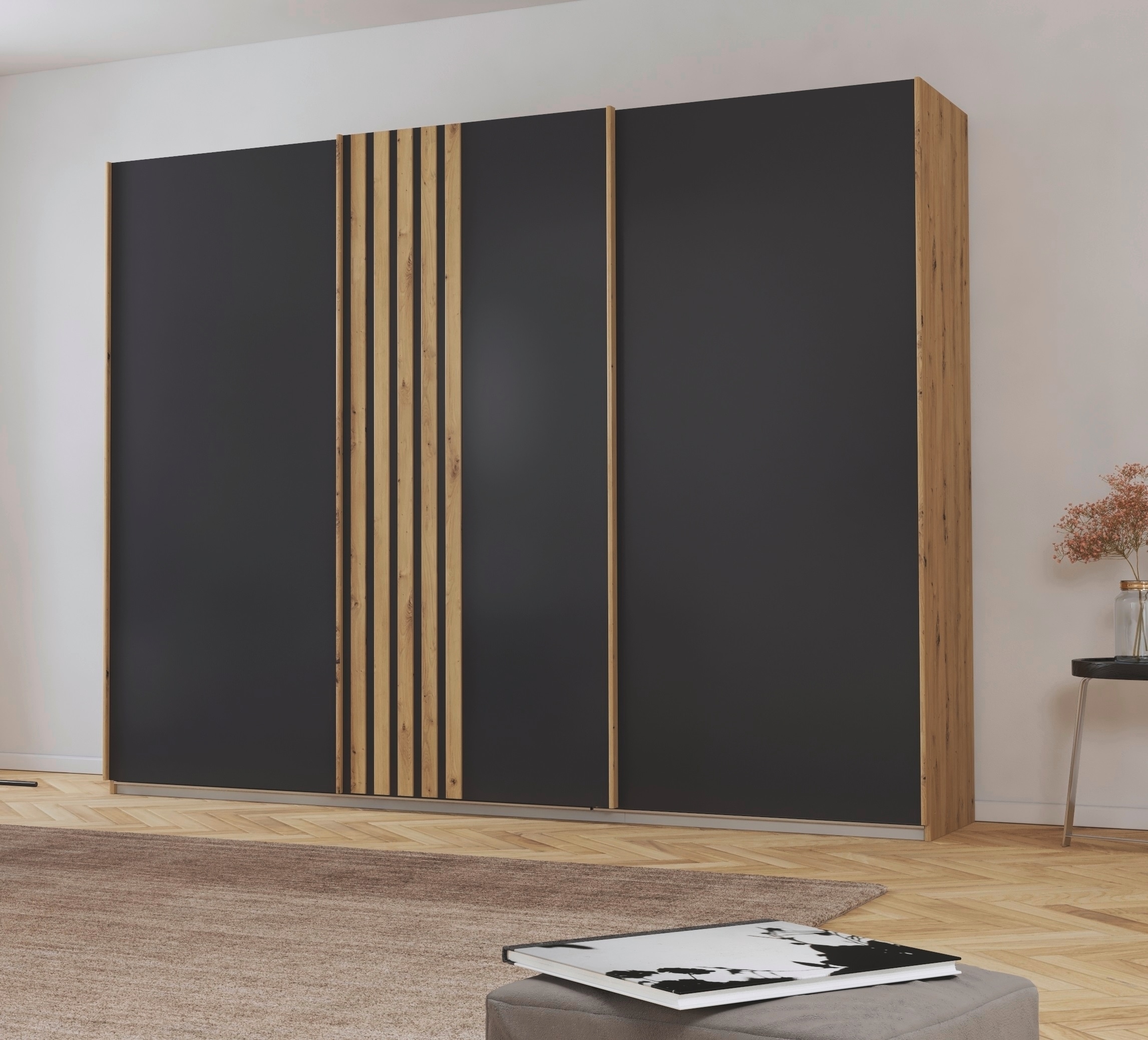 rauch Schwebetürenschrank »Kleiderschrank Schrank Garderobe MOSBACH«, moderne Lamellen-Auflage in 3D Akustikpaneel Optik MADE IN GERMANY