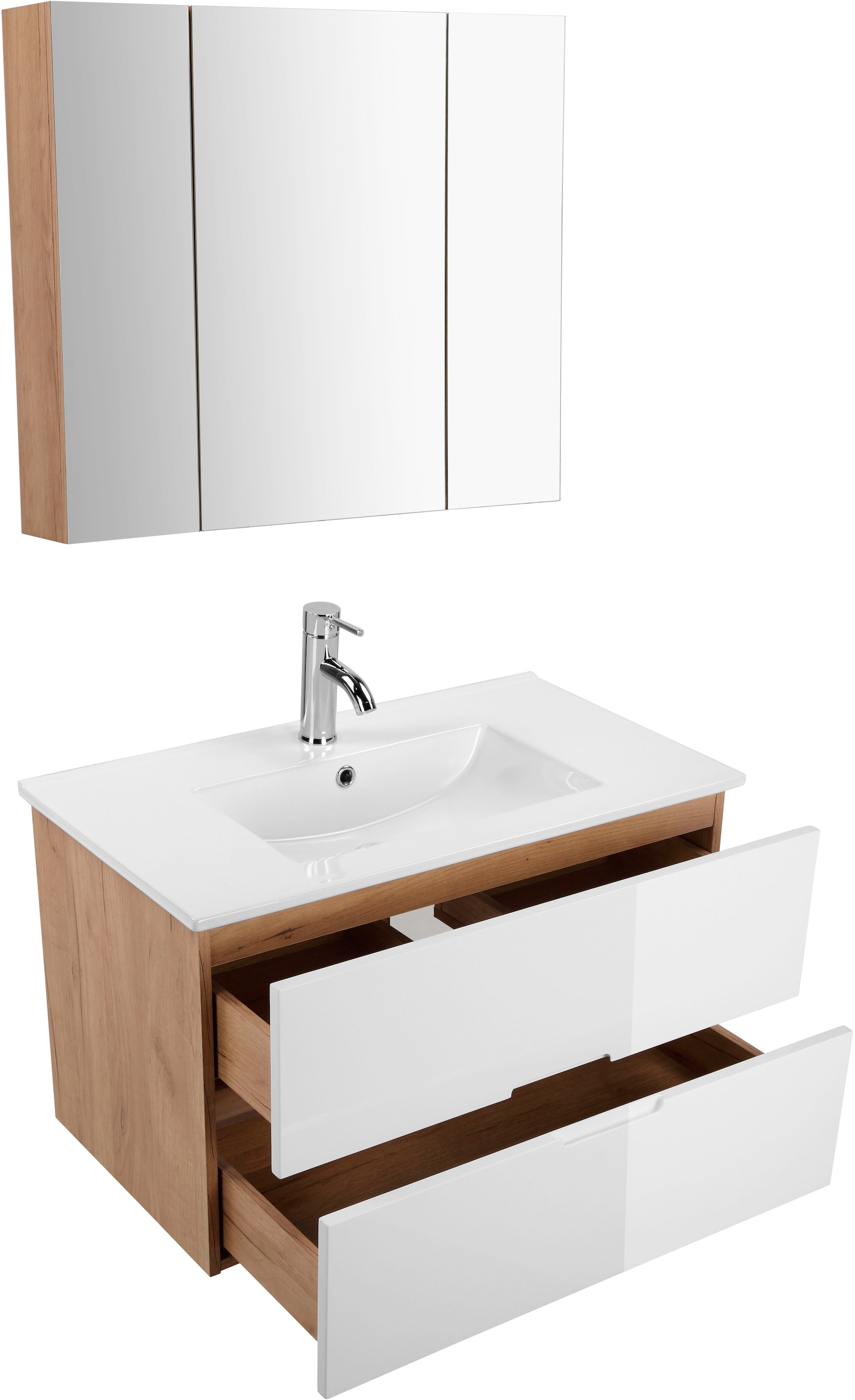 andas Badmöbel-Set »Lund Badmöbel Set Badschrank Badezimmerset«, (Komplett-Set, 3 St.), Waschtisch, Spiegelschrank und Becken Breite 80cm