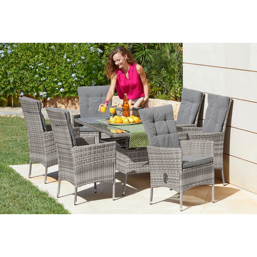 KONIFERA Garten-Essgruppe »Belluno«, (Set, 13 tlg., 6x Sessel, Tisch 150x80x 71,5 cm, Polyrattan, inkl. Auflagen), 2 der 6 Sessel stufenlos verstellbar, Stauraum unter dem Tisch, Grau