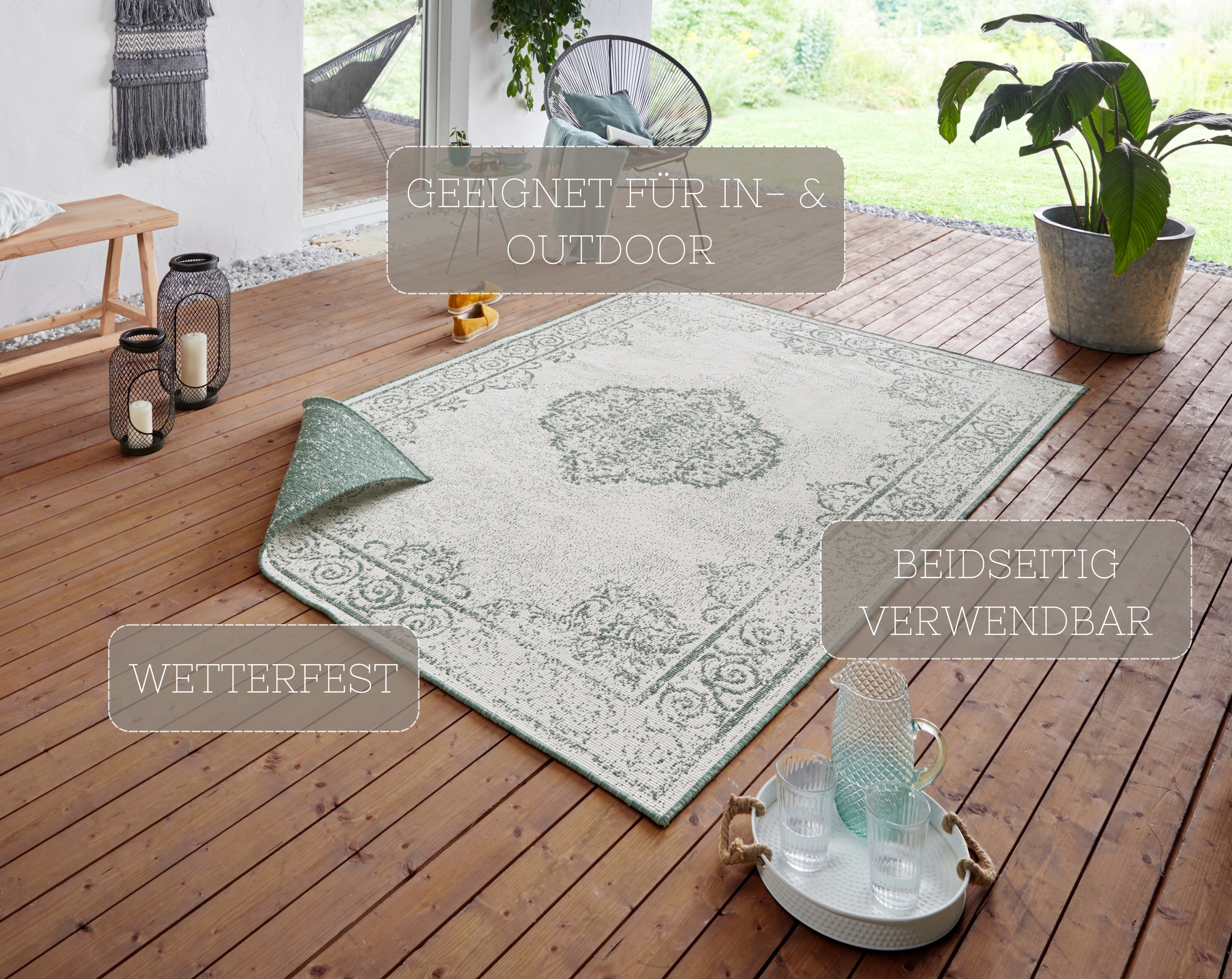 NORTHRUGS Teppich »CEBU Wendeteppich«, rechteckig, 5 mm Höhe, In-& Outdoor, Wetterfest, Balkon, Wohnzimmer, Wasserfest, Orientalisch