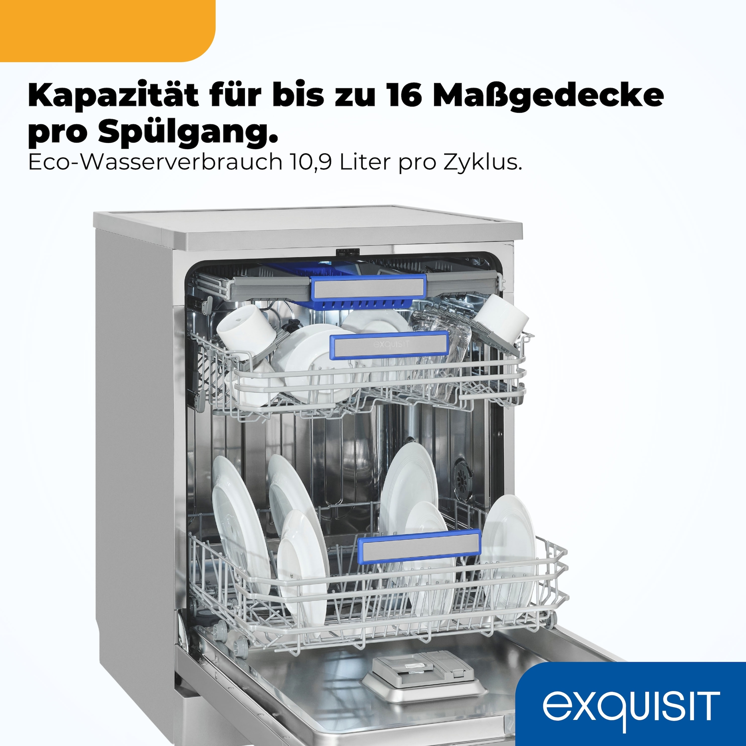 exquisit Standgeschirrspüler 9616 »GSP9616-450B inox« 10,9 l 16 tlg. Maßgedecke 16 Maßgedecke & flüsterleise 44 dB – stark und angenehm ruhig