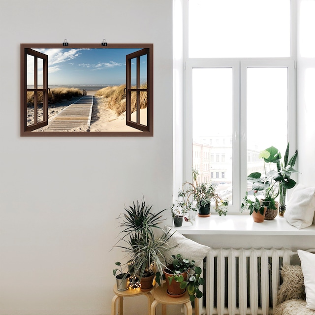 Artland Wandbild »Fensterblick Nordseestrand auf Langeoog«, Fensterblick, (1  St.), als Leinwandbild, Wandaufkleber oder Poster in versch. Größen auf  Rechnung bestellen