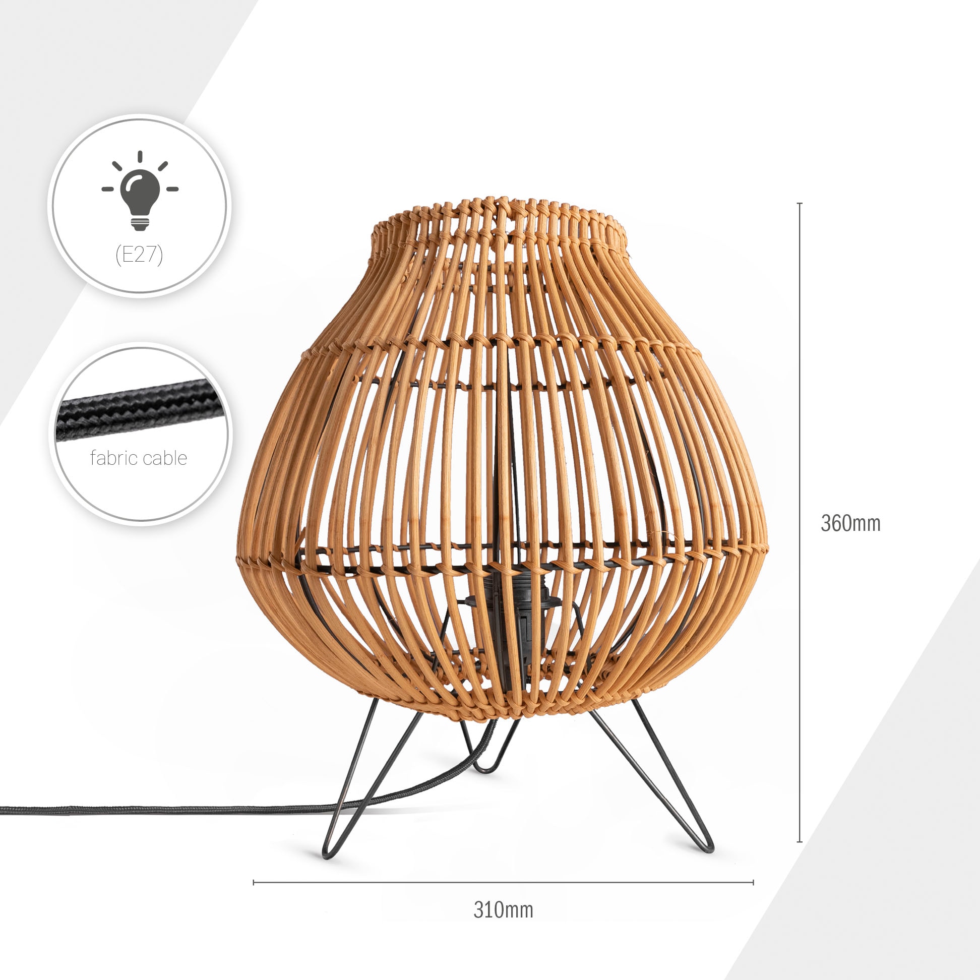 Paco Home Tischleuchte »PURI«, Leuchtmittel E27 | ohne Leuchtmittel, Rattan Korblampe Nacht LED Dreibein Boho E27