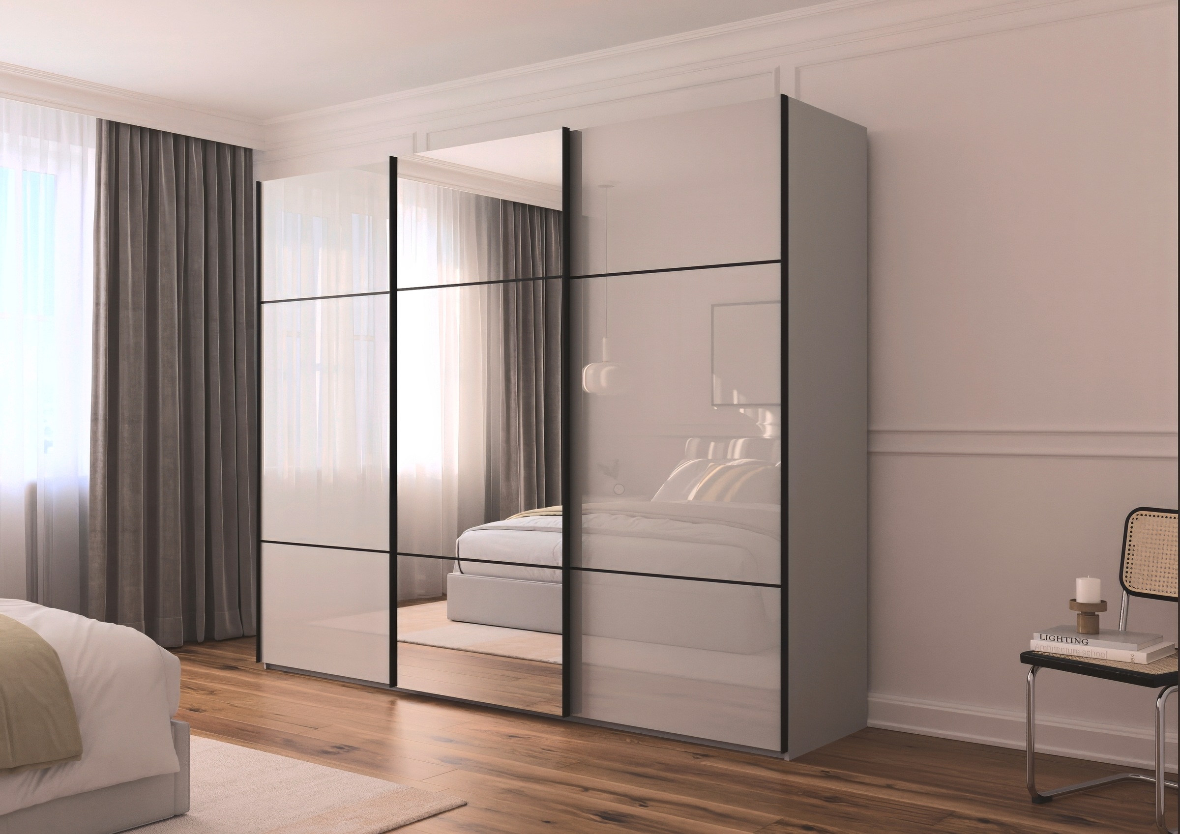 rauch Schwebetürenschrank »Kleiderschrank Schrank Garderobe Schlafzimmerschrank SCALE-TRIO«, edle dreigeteilte Front mit 2 Zierleisten Spiegel/Glas MADE IN GERMANY