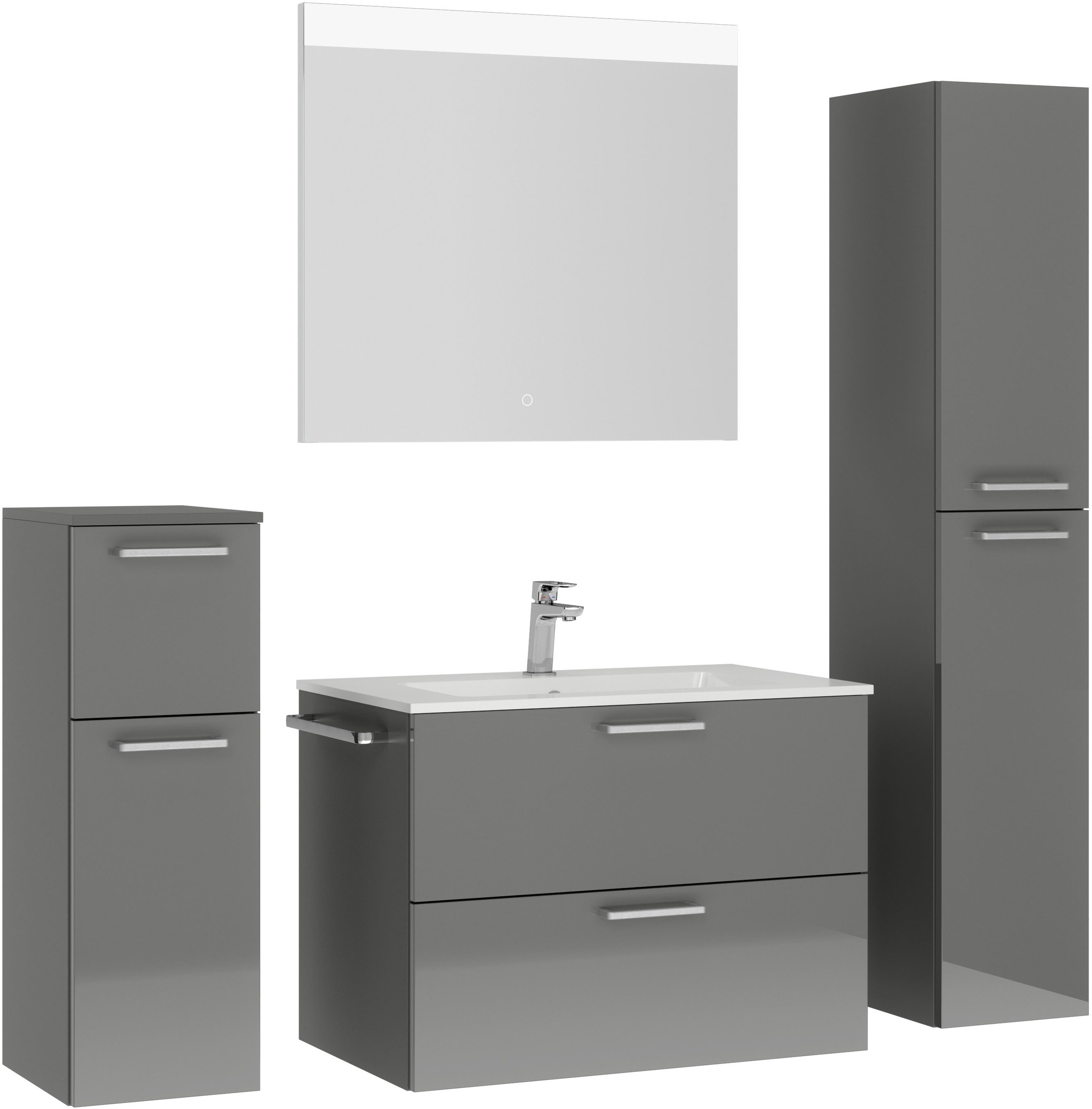 nobilia® Badmöbel-Set »Tolvina«, (4 St., vormontiert, mit Soft-Close), Hochglanz, inkl. Spiegel mit Touch-Sensor, in vier Breiten
