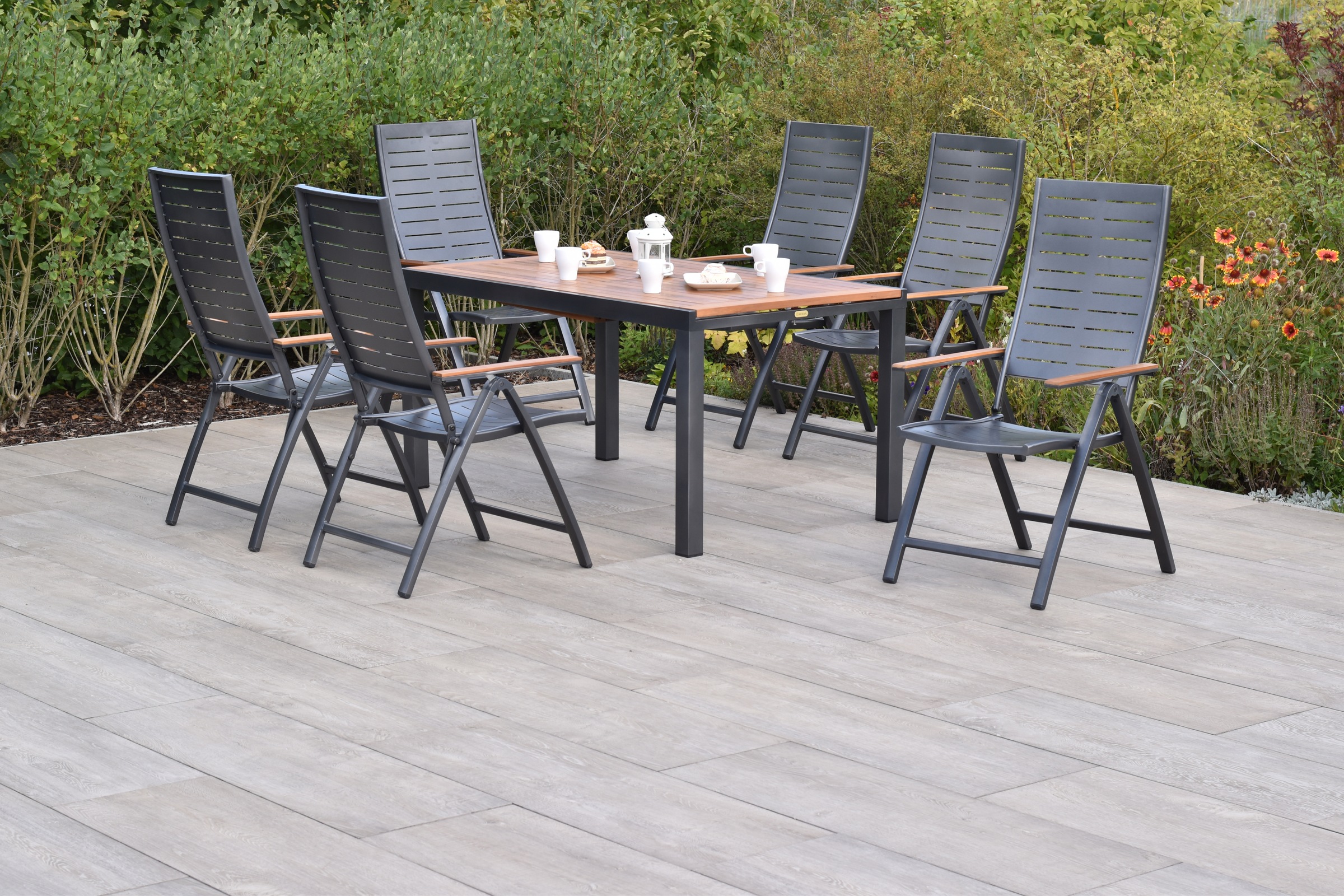 MERXX Garten-Essgruppe »»Tinos««, (Set, 7 tlg., Pulverbeschichtetes Aluminiumgestell), Ausziehtisch: LxB: 150-200 x 90 cm
