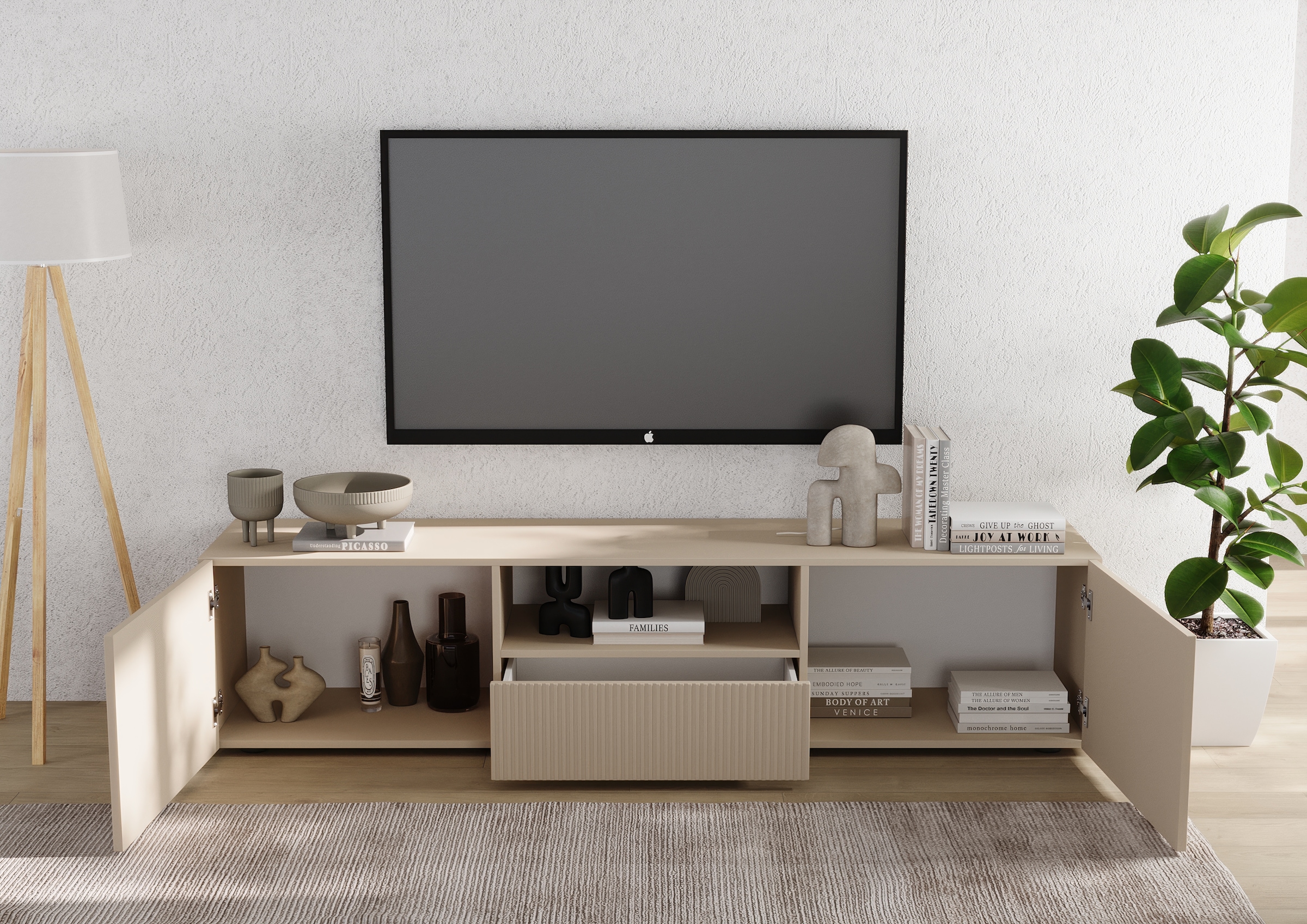 INOSIGN Lowboard »Rio Breite 181 cm, TV-Board 2 Türen u. 1 Schubkasten, TV-Schrank«, geriffelte MDF-Fronten, modern u. elegant, Kabelführung, viel Stauraum