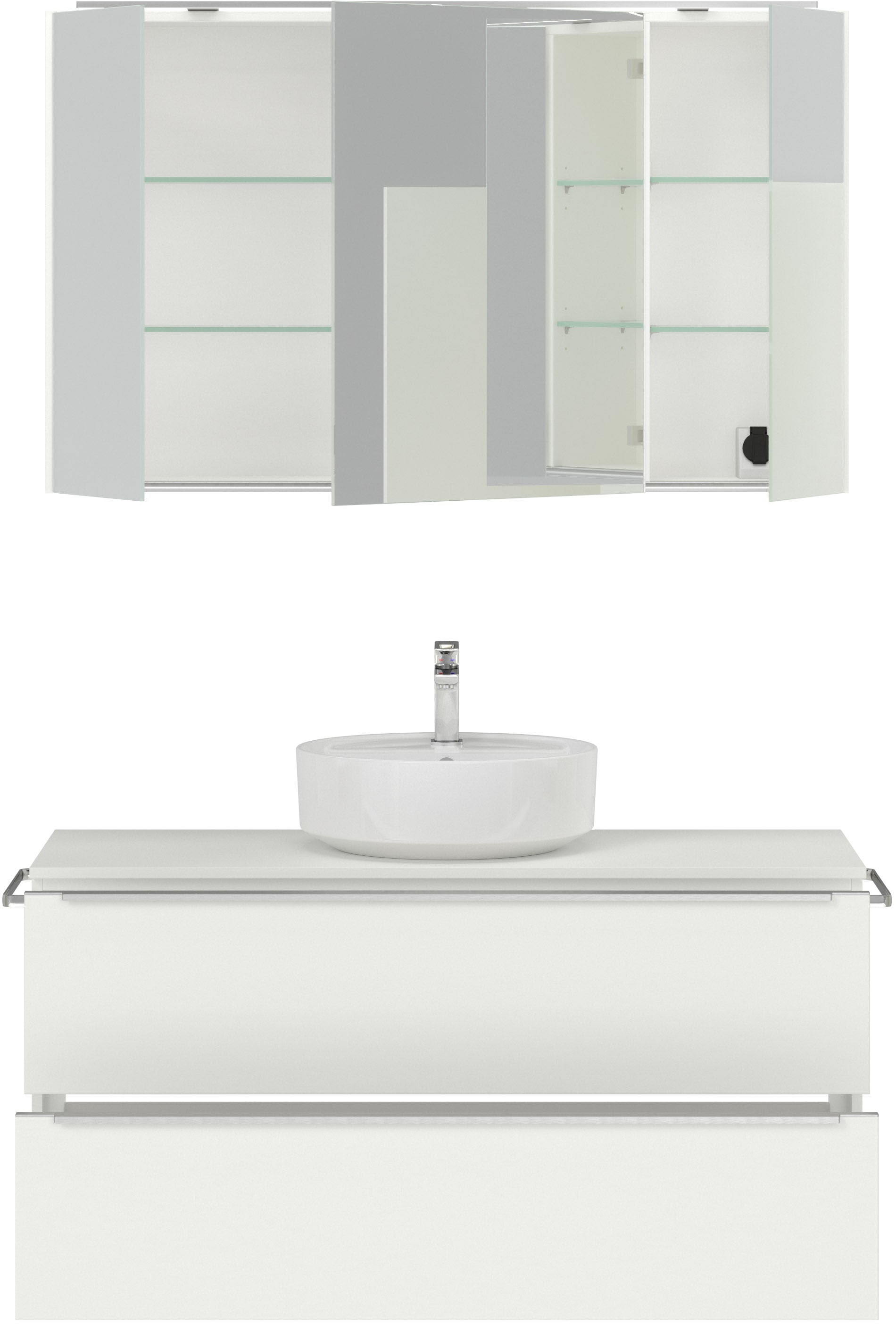 nobilia® Badmöbel-Set »Alvene«, (2 St., vormontiert, mit Soft-Close), inkl. Spiegelschrank mit Beleuchtung und Dimmerfunktion, in 4 Breiten