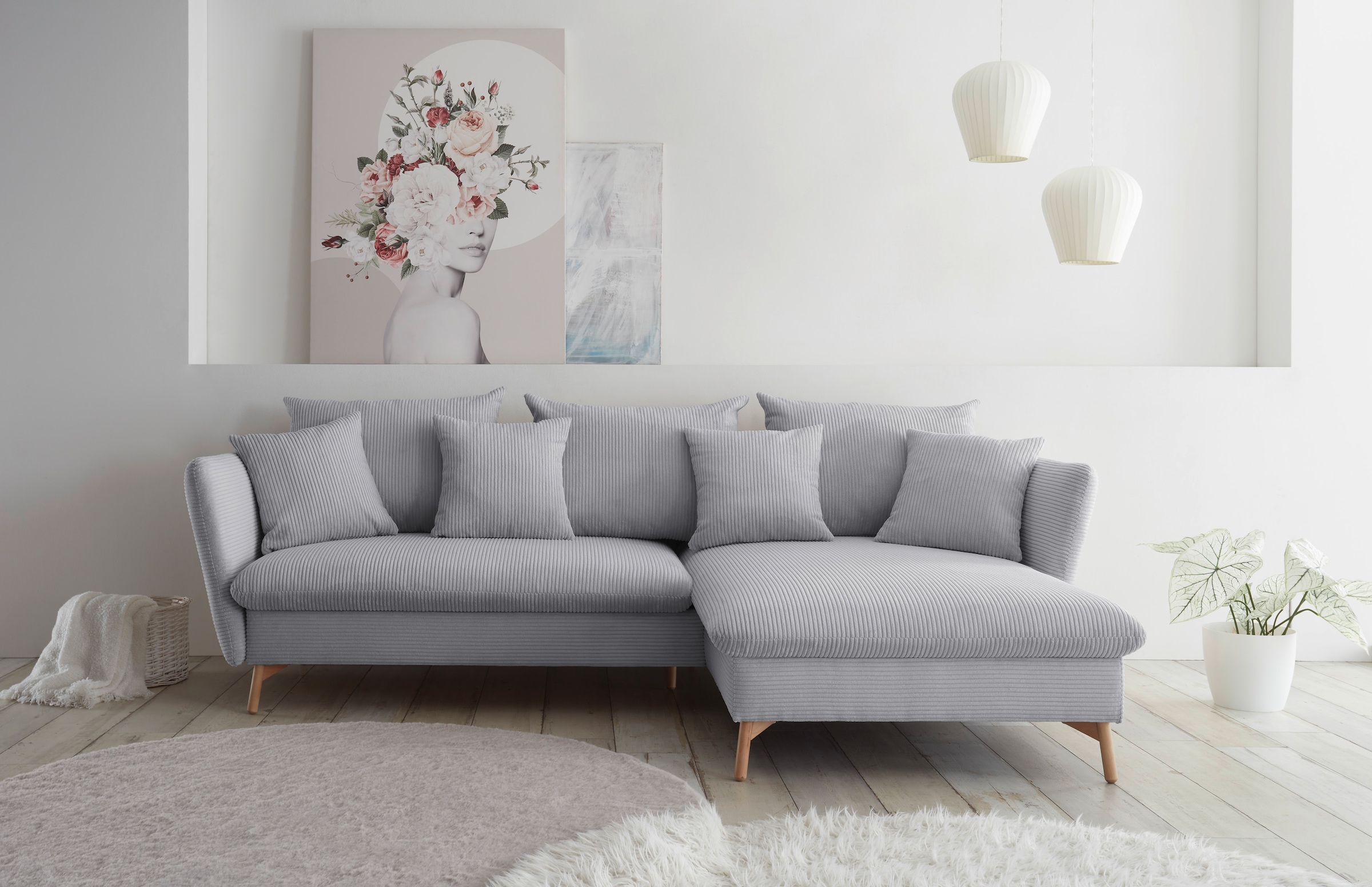 andas Ecksofa »MERLE, 258 cm, L-Form, traumhafter Cord,«, mit Bettfunktion und Bettkasten, Liegefläche 224 x 139