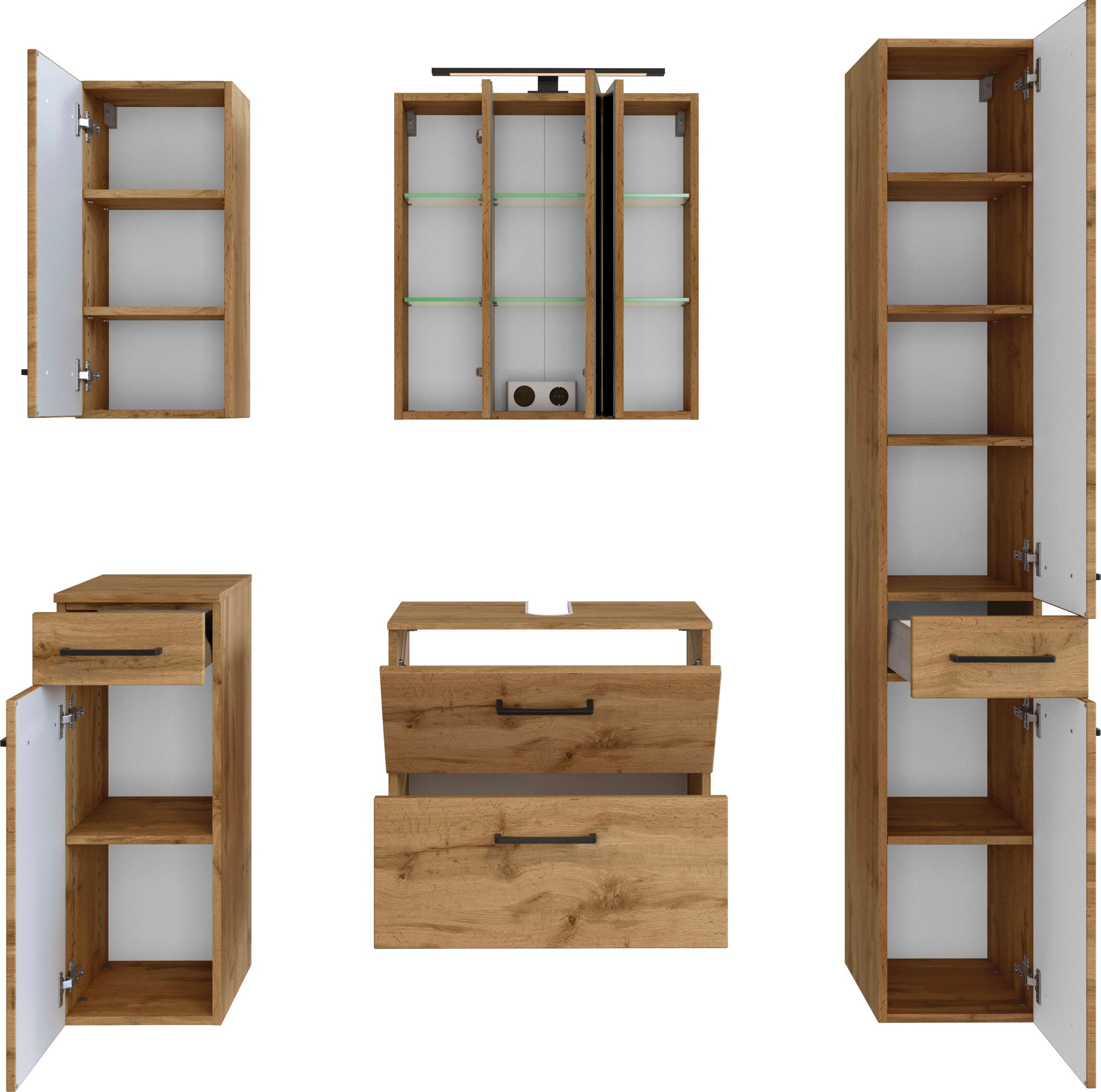 welltime Badmöbel-Set »Chicago«, (5 St., Spiegelschrank, Unterbeckenschrank, Hängeschrank, Unterschrank etc.)