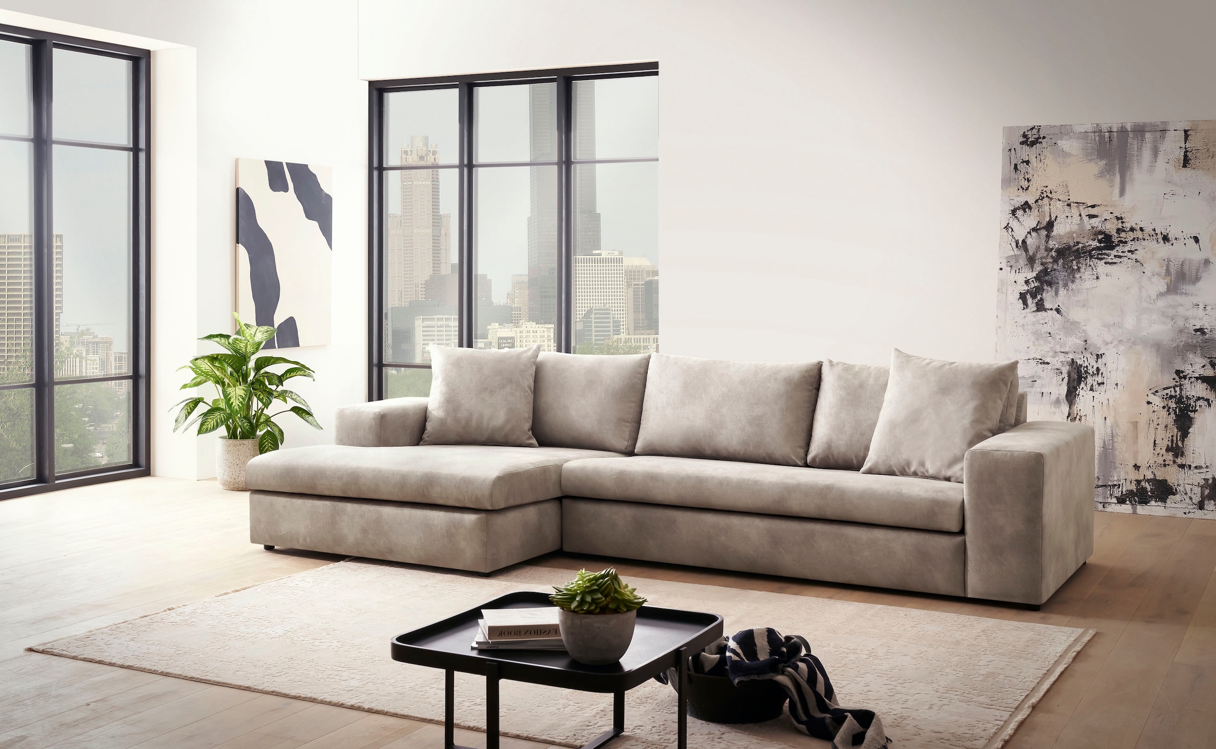 andas Ecksofa »SLEETLAND XXL in Samtvelours oder Vintage-Leder-Optik, L-Form,«, besonders groß und bequem