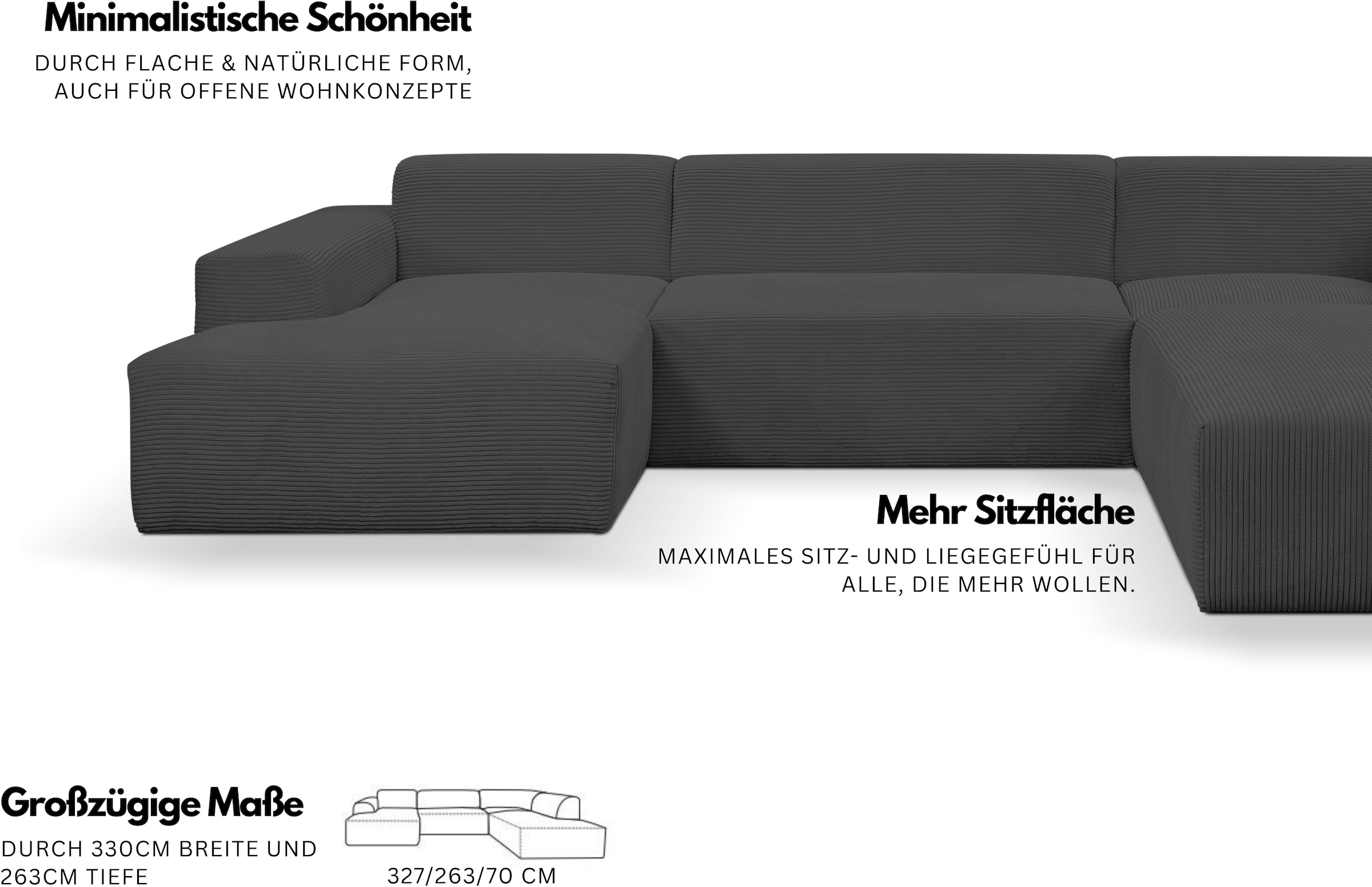 WERK2 Wohnlandschaft »Zeus-U, viel Platz, Breite 330 cm, modern und zeitlos« Curvy Trend mit urbaner Optik auch in weichem Cord, U-Form