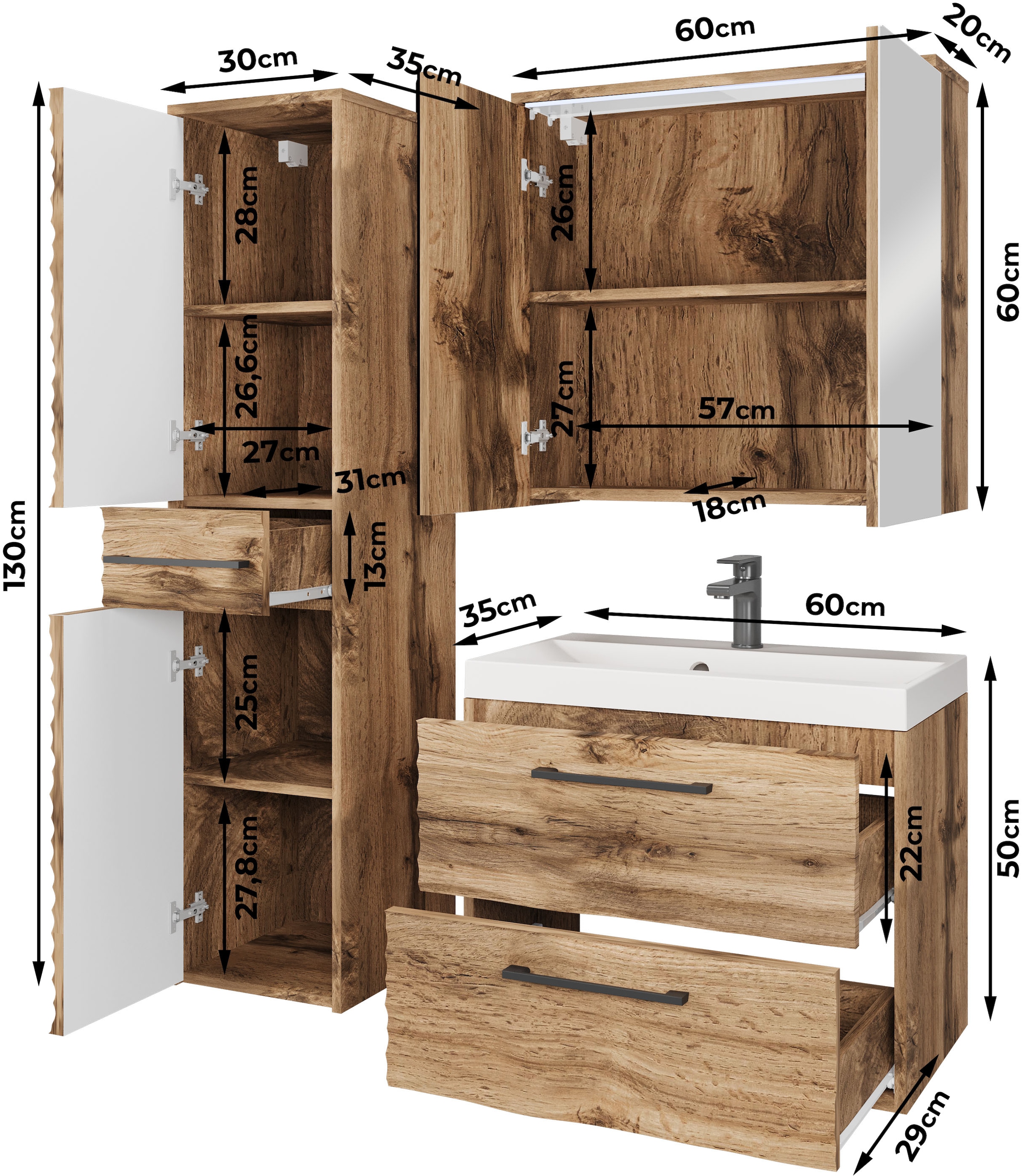 welltime Badmöbel-Set »Canada«, (Komplett-Set, 3 St., Fronten mit Wellenstruktur), Badmöbel mit Soft-Close, Spiegelschrank, Waschtisch mit Becken