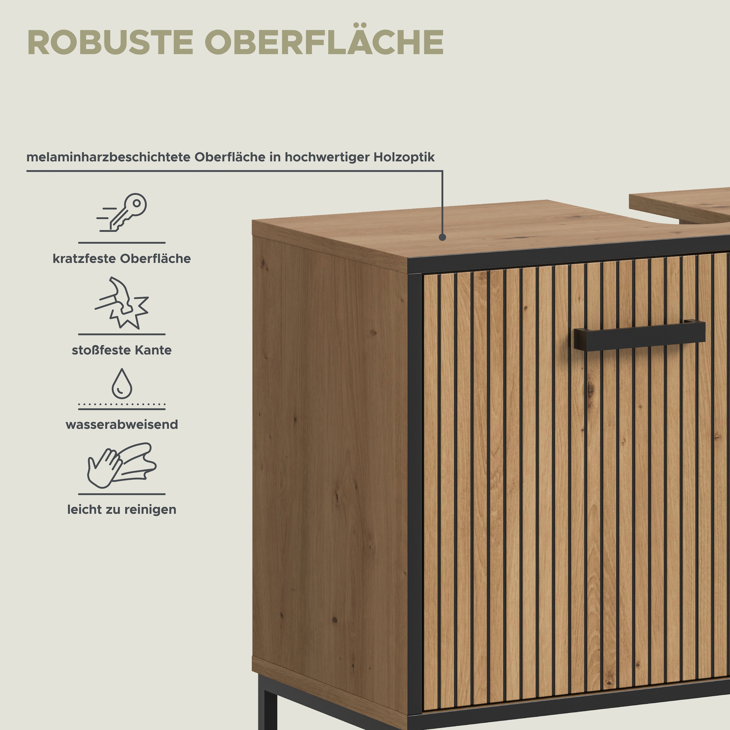 welltime Badmöbel-Set »LOCRI, 4-tlg. Badkombination, Breite 199 cm, Rillenoptik, Metallkufen« bestehend aus: Hochschrank, WBU, Spiegelschrank & Standschrank, 4 Stk. tlg.