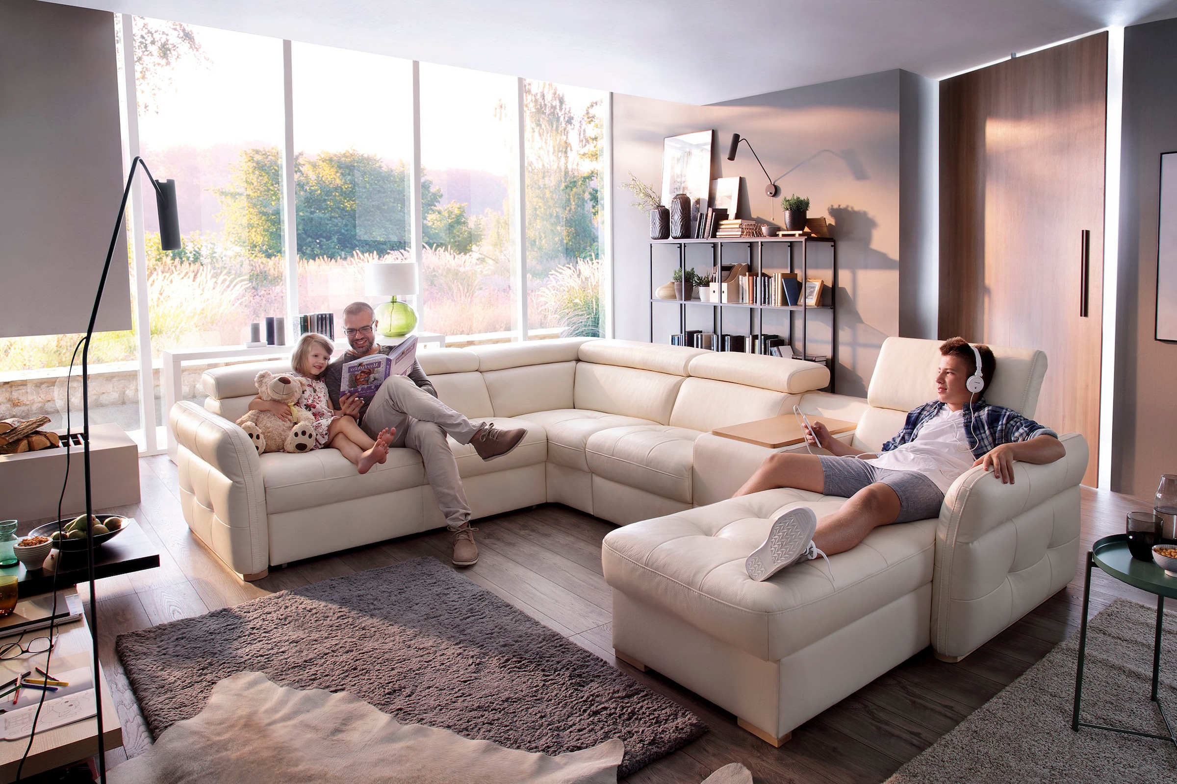 exxpo - sofa fashion Wohnlandschaft »Massimo, Familien Sofa mit viel Platz, Lederbezug, bequem, komfortabel«, U-Form, inkl. Bettfunktion, Bettkasten, elektr. Relaxfunktion