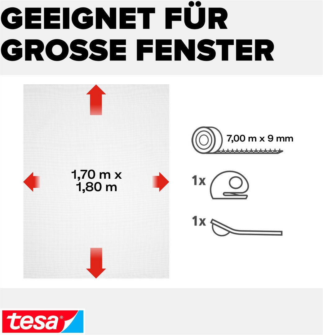 tesa Fliegengitter-Gewebe »Premium für Fenster, Insektenschutz mit Klettband - 170x180 cm« Packung, Fliegennetz, Klettband, Andrück und Schneidehilfe, 1 Stk. tlg. mit starkem Klettband, rückstandsfrei entfernbar, zuschneidbar