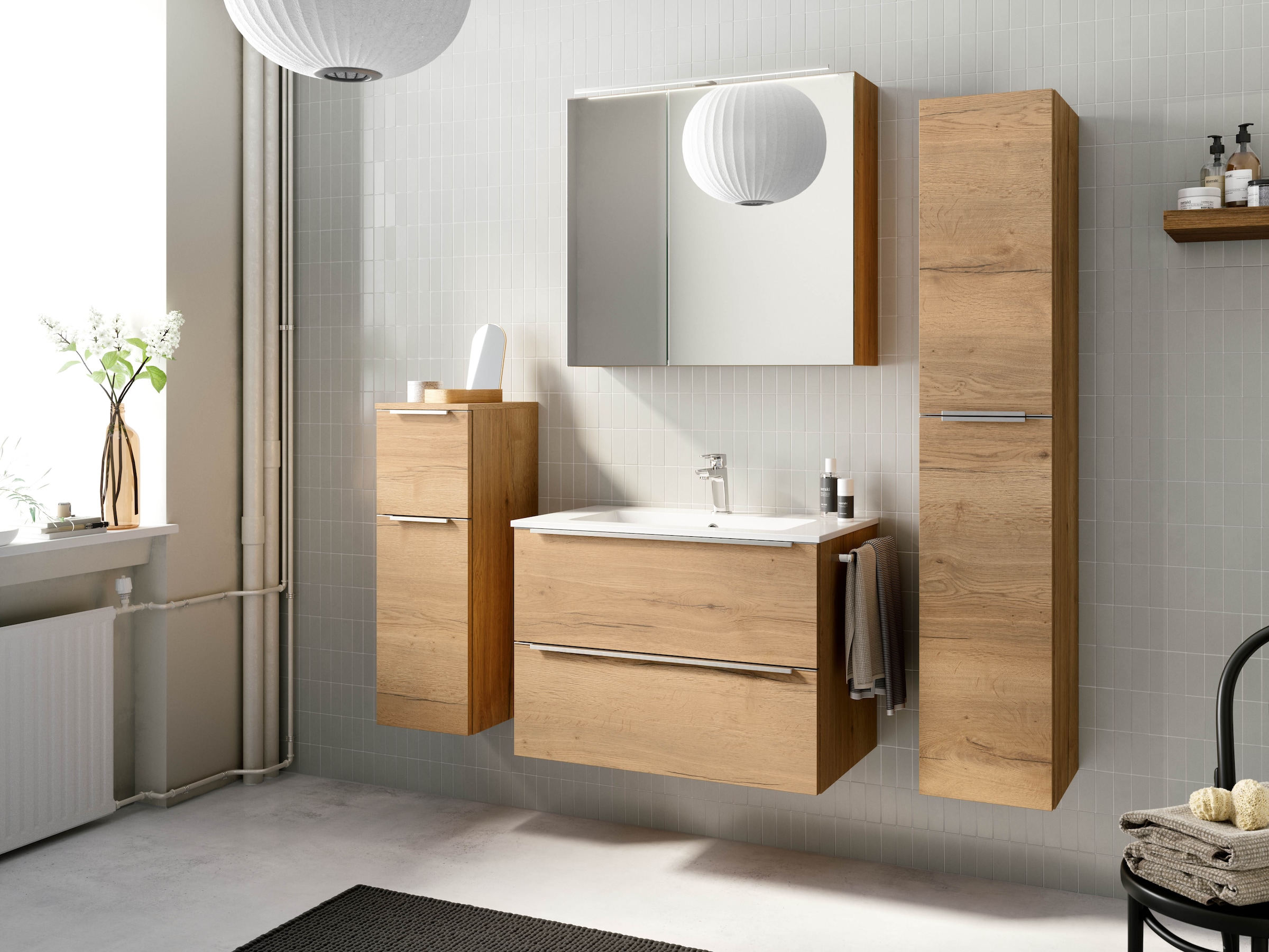 nobilia® Badmöbel-Set »Levere«, (2 St., vormontiert, mit Soft-Close), inkl. Spiegelschrank mit Beleuchtung und Dimmerfunktion, in 4 Breiten