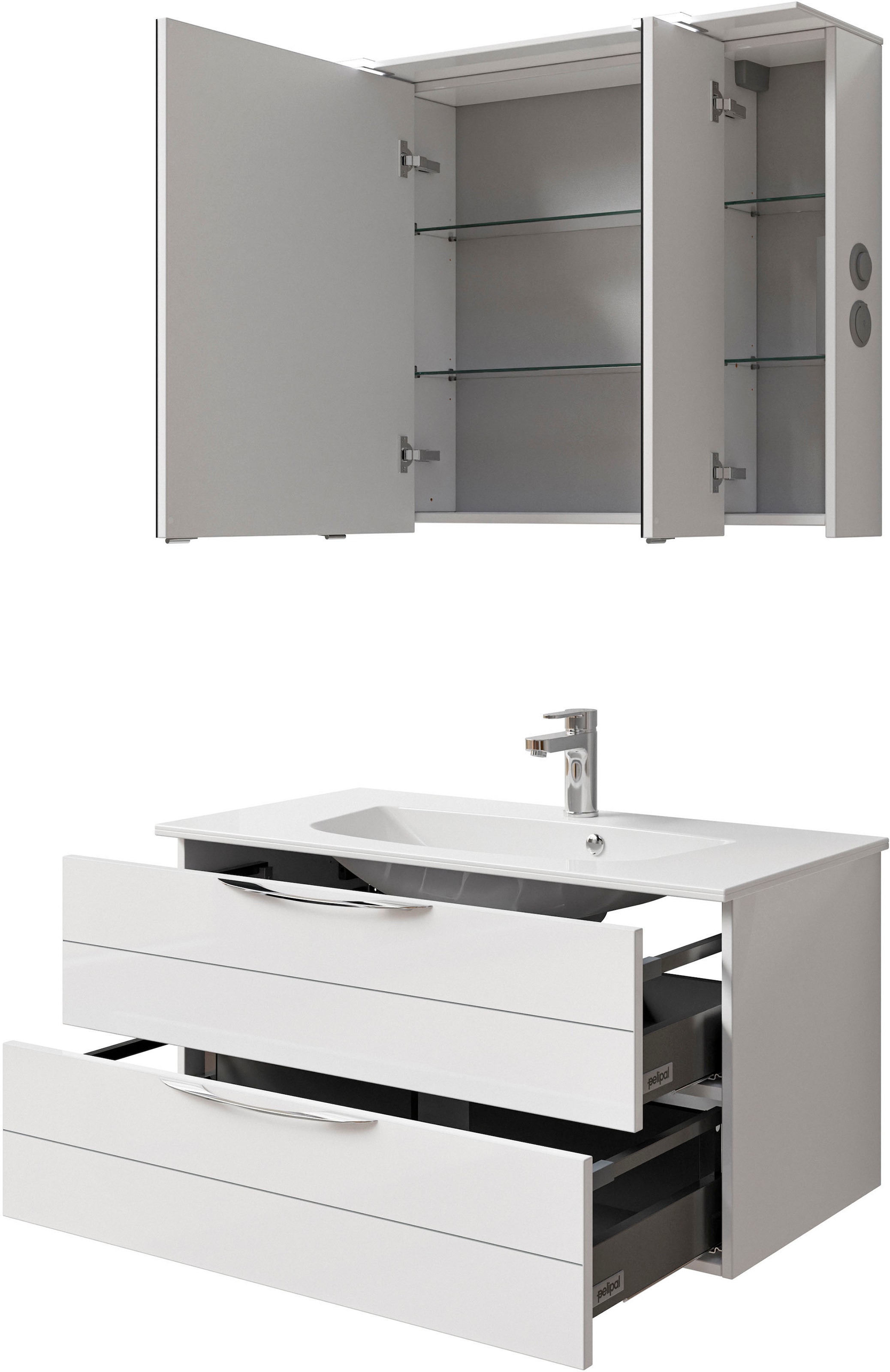 Saphir Badmöbel-Set »Serie 6025 2-teilig Mineralmarmor-Waschtisch mit LED-Spiegelschrank«, (2 St.), Waschplatz 97 cm breit, 2 Schubladen, 3 Spiegel-Türen, inkl Türdämpfer