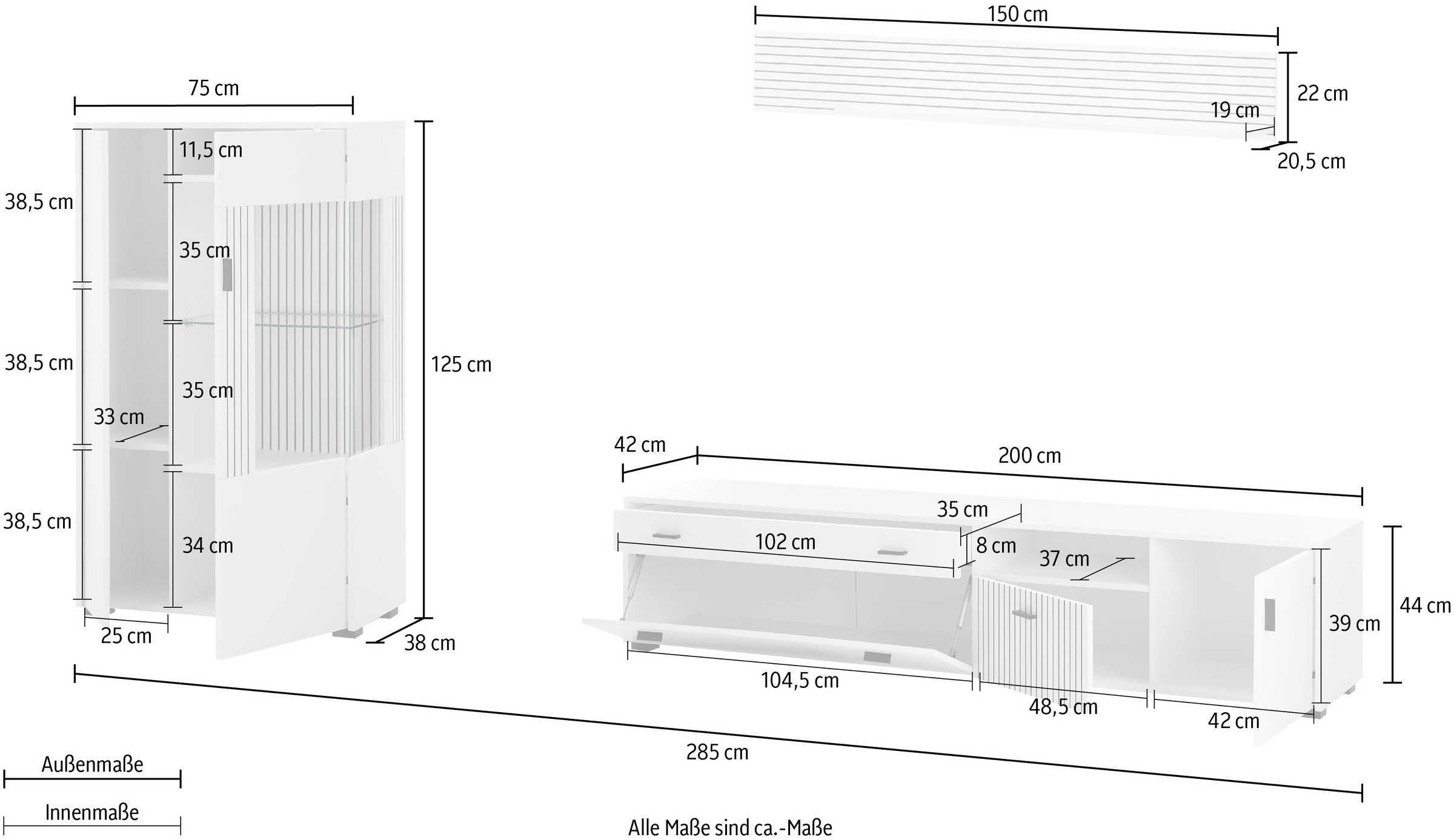 INOSIGN Wohnwand »HUDSON«, (Set, 3 St.), mit moderner Rillenoptik, Griffe aus Metall (Schwarz), Breite 285 cm