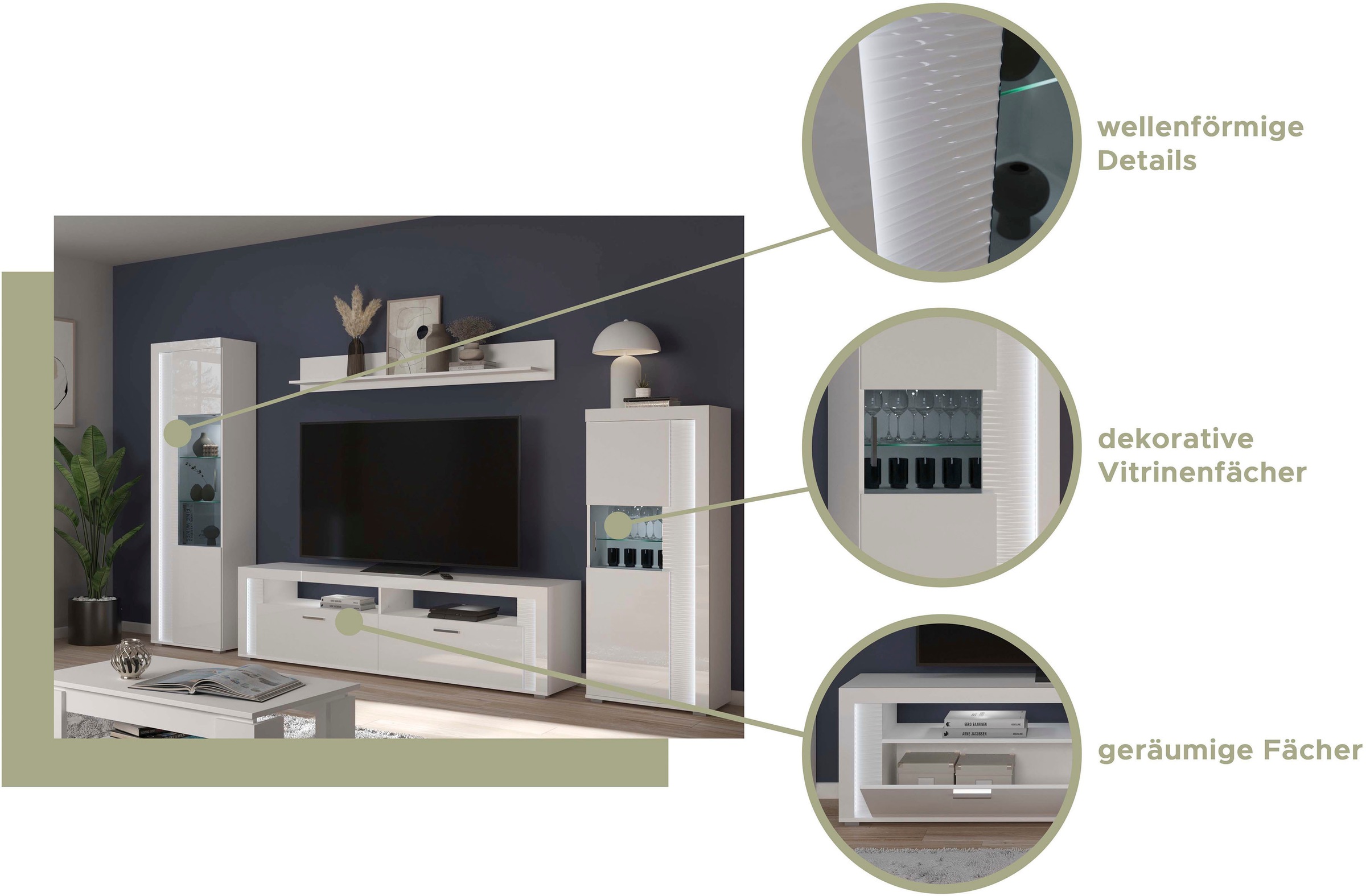 INOSIGN Lowboard »Viborg, Breite 201 cm, inkl. vertikaler Frontbeleuchtung, 2 Klappen«, je 2 offene & geschlossene Fächer, TV-Möbel, TV-Schrank, TV-Lowboard