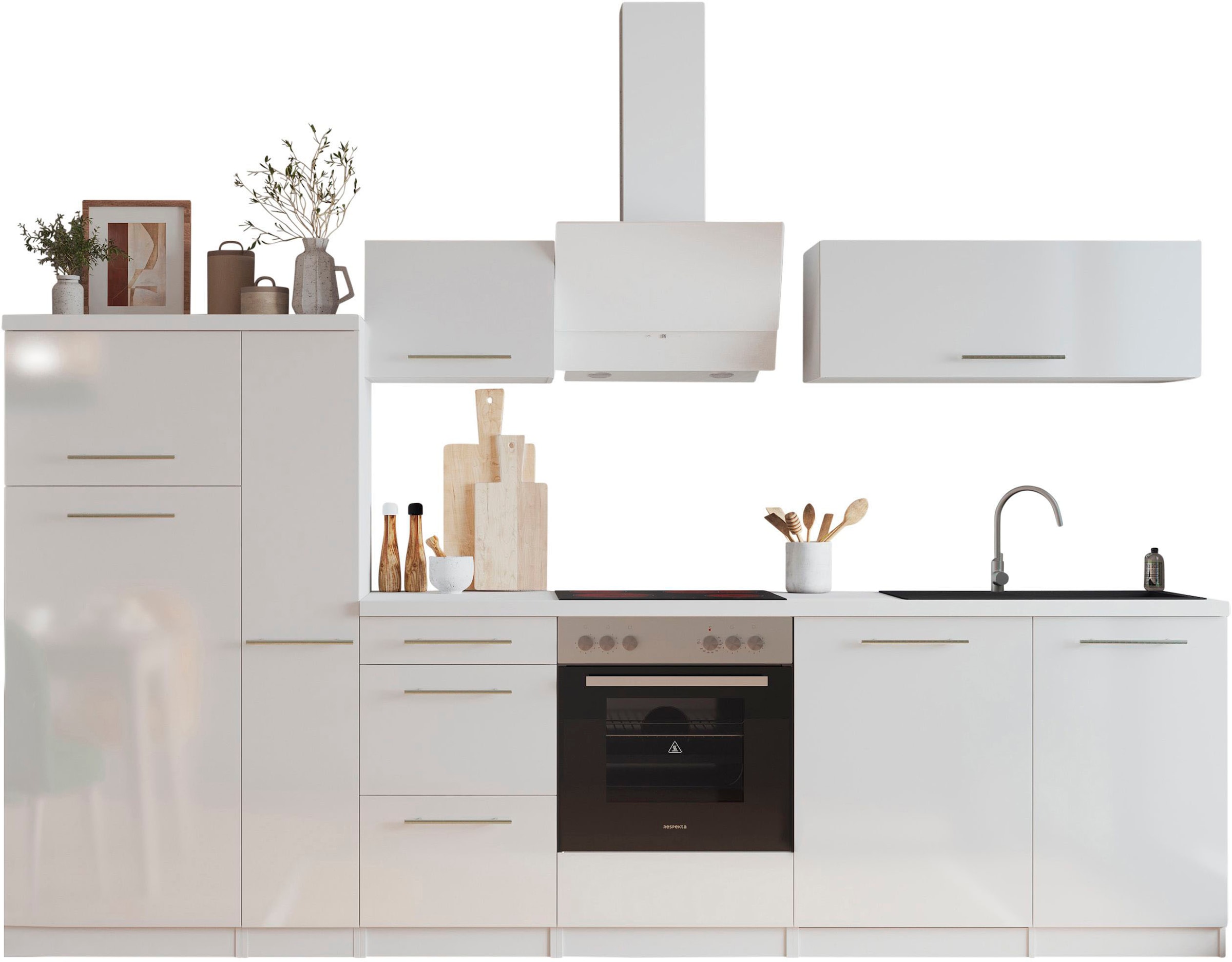 RESPEKTA Küche »Amanda« Breite 310 cm, mit Soft-Close, inklusive Elektrogeräte: Geschirrspüler, Kühl-/Gefrierkombination und Herd-Set, Dunstabzugshaube, 