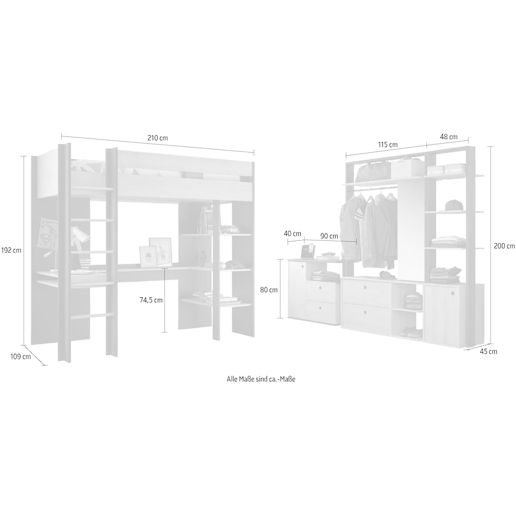 Gami Jugendzimmer-Set »Duplex«, (4 St., 2x offenes Schranksystem, Kommode, Hochbett)