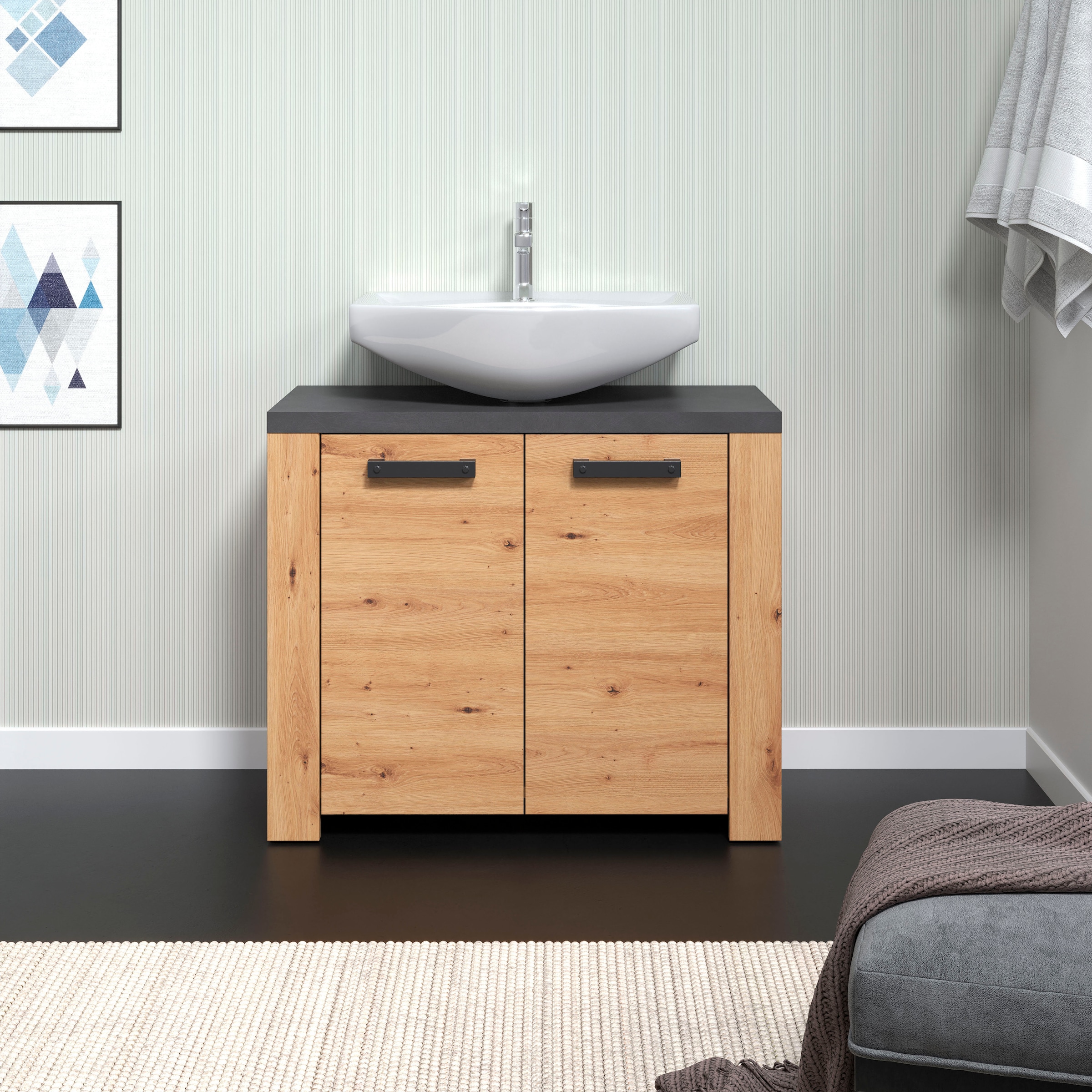 Home affaire Waschbeckenunterschrank »Ambres«, Waschtisch in matter Echtholzoptik - Maße (B/T/H) 79/35/67 cm