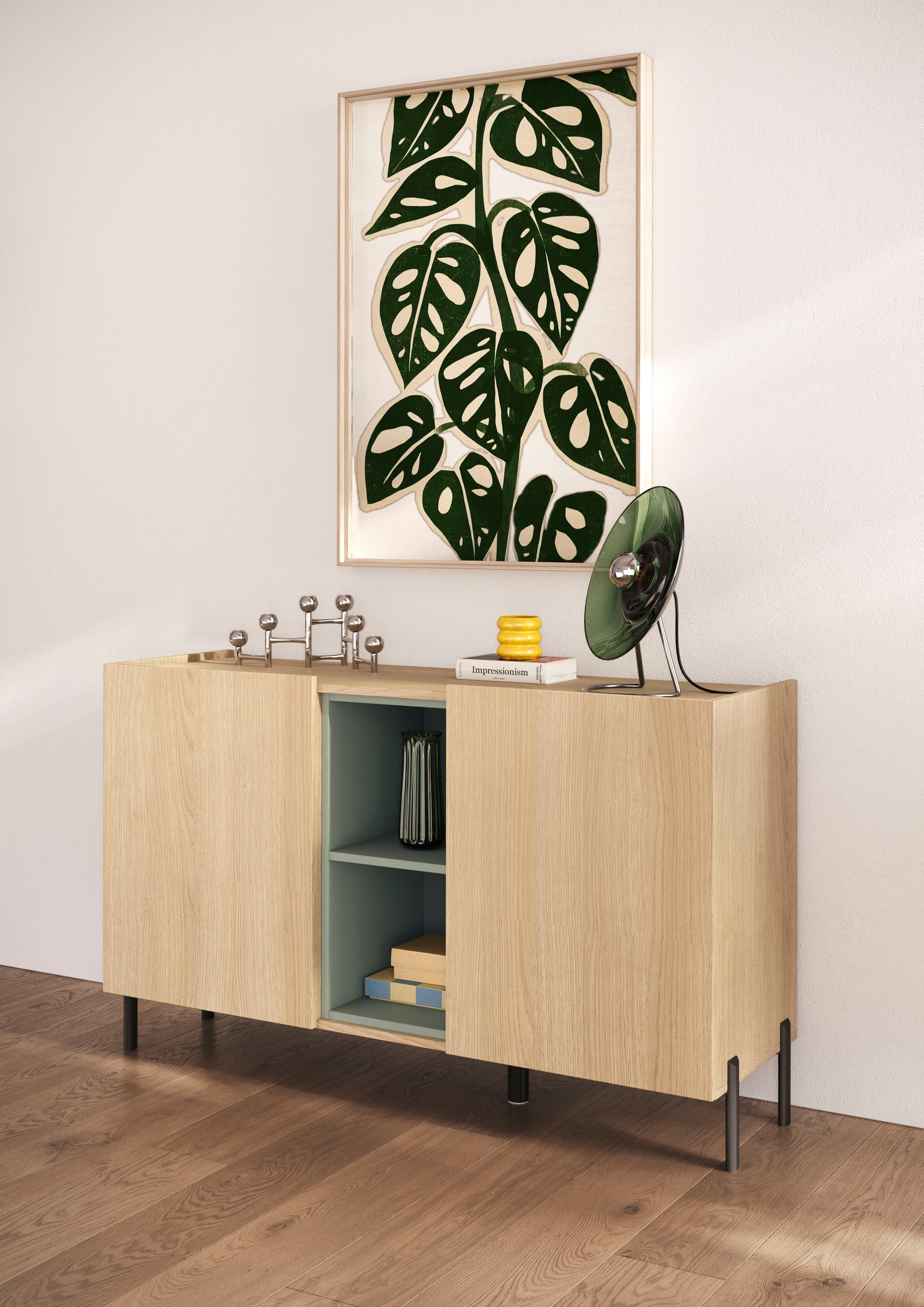 OTTO home Sideboard »Badia, 132 cm breit, 2 Türen, Anrichte, Kommode, Stauraumschrank« Innenliegendes Top, gerade Metallfüße, salbeigrüne Farbakzente