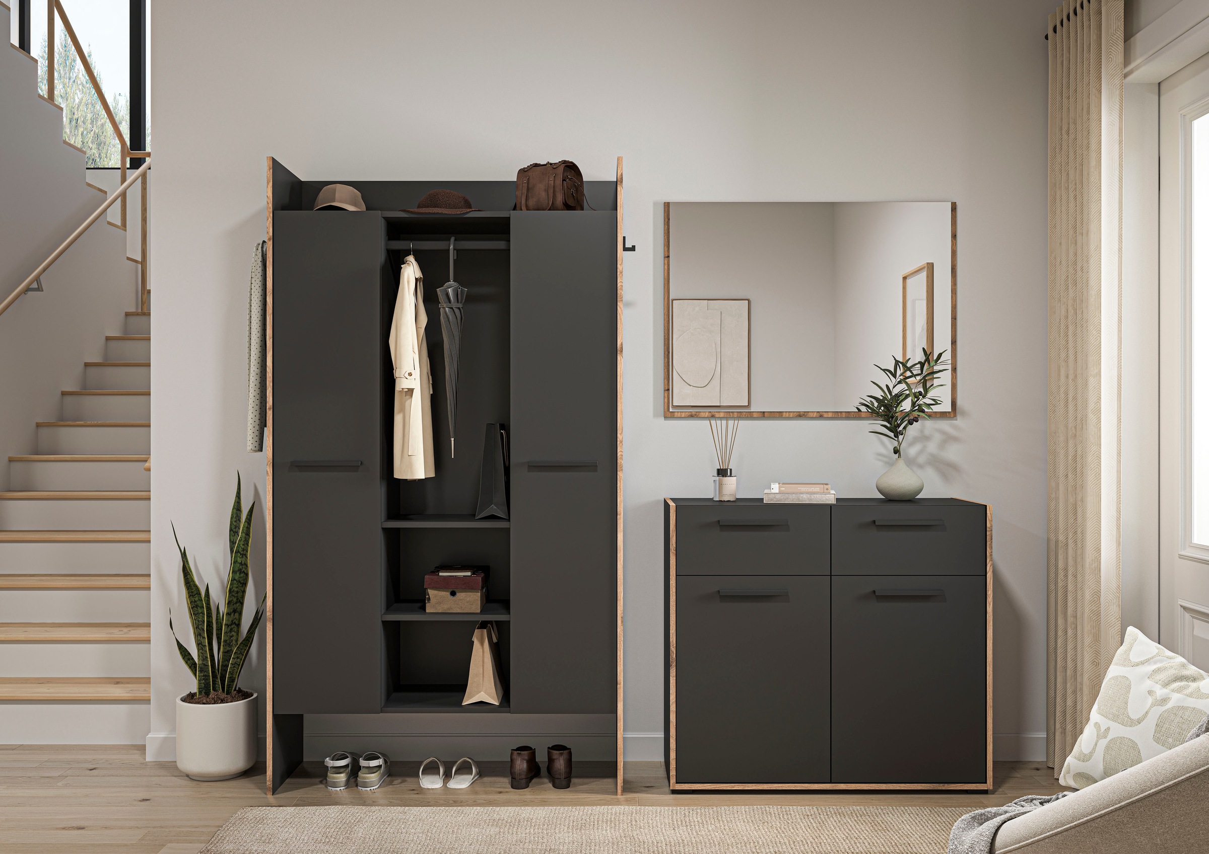 INOSIGN Garderoben-Set »MUSTA, 3-teilig: Garderobenschrank, Kommode & Garderobenspiegel«, Kombination, Kompaktgarderobe, Garderobenkombination, Garderobe