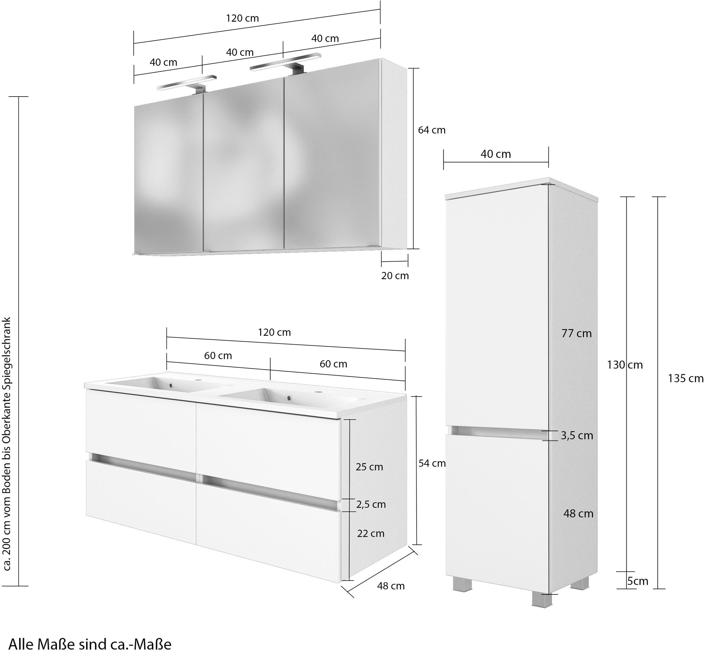 welltime Badmöbel-Set »Welltime Möbel Baabe Waschtisch-Set 3tlg. oder 5tlg.«, (3 St.), gedämpfte Scharniere und Softclose-Funktion, inklusive LED-Beleuchtung