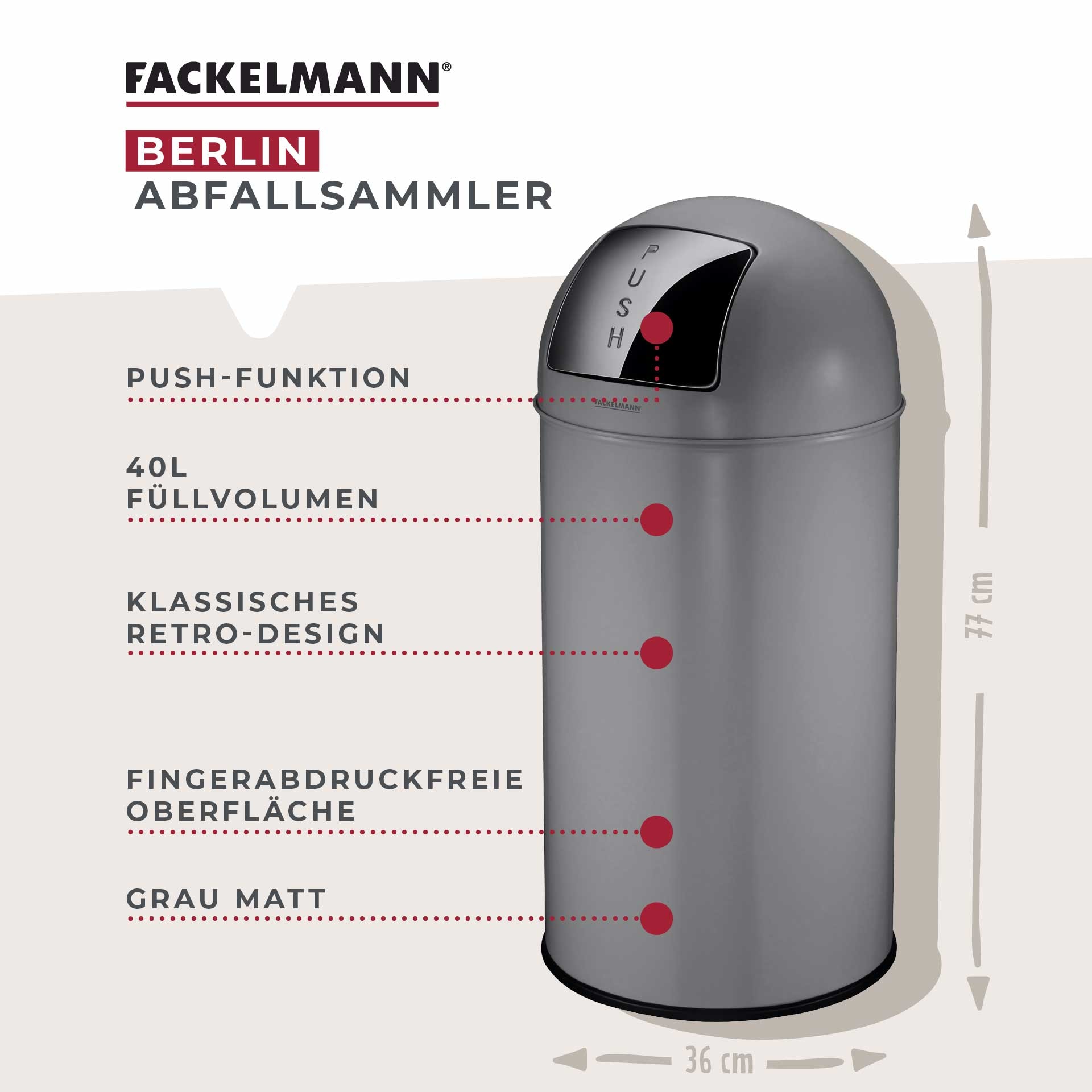 FACKELMANN Mülleimer »BERLIN, Push Abfalleimer 40L« 1 Behälter Retro-Design, großes Fassungsvolumen, lackiertes Edelstahlgehäuse