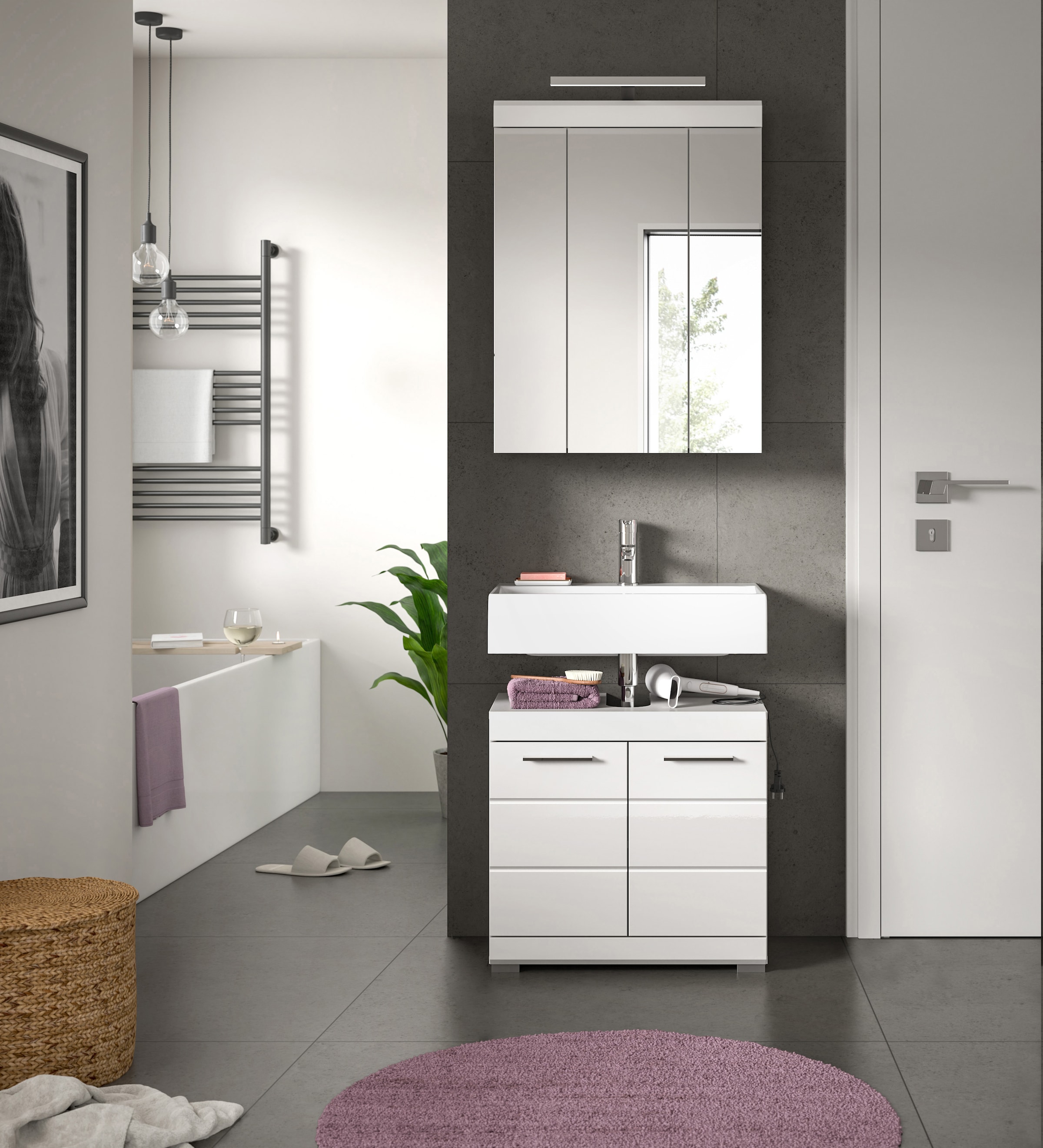 INOSIGN Badmöbel-Set »Siena, 2 teilig, inklusive LED Beleuchtung, bestehend aus:«, (Set), Waschbeckenunterschrank, Spiegelschrank, LED Badaufsatzleuchte