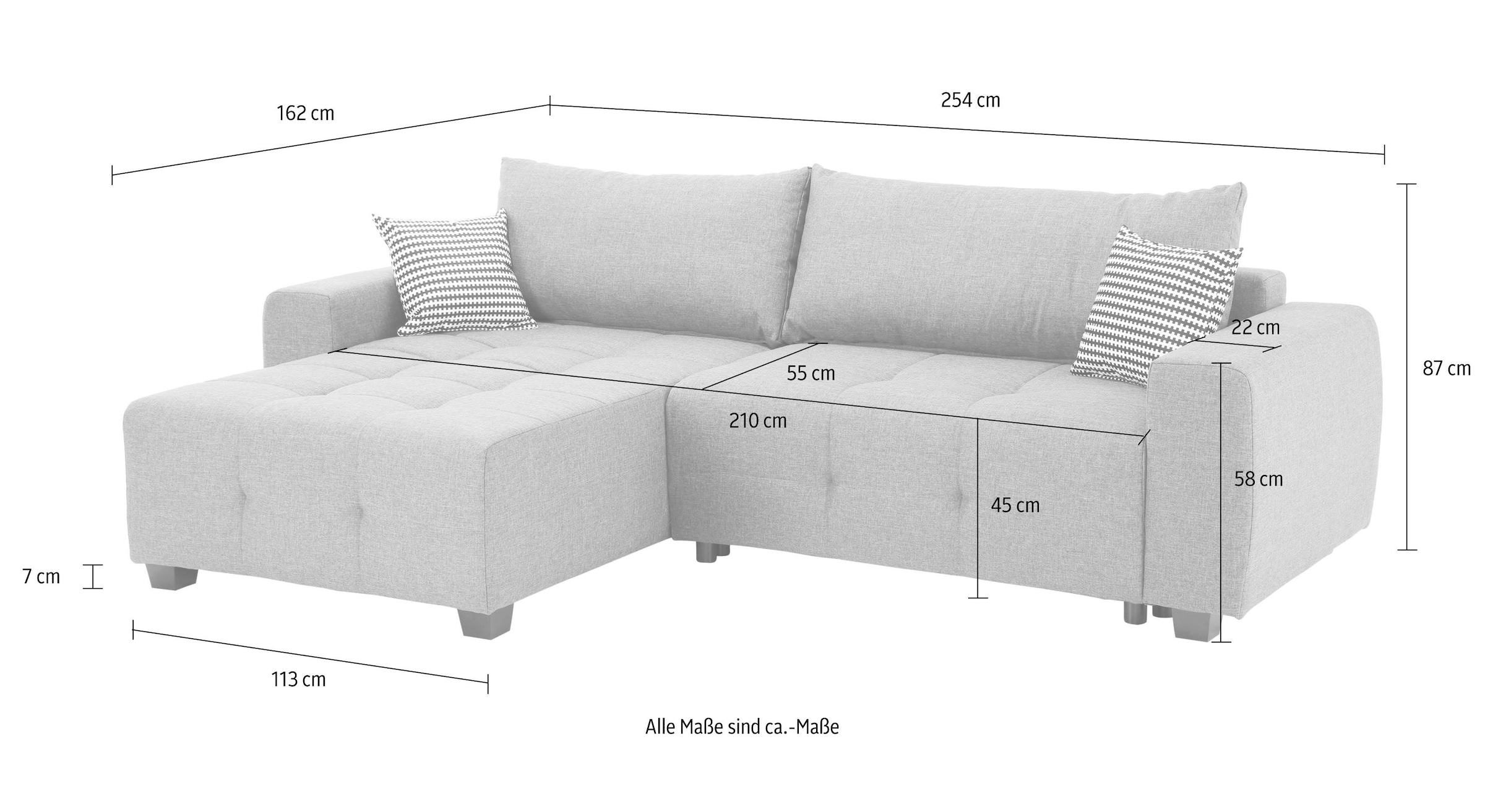 Home affaire Ecksofa »Bella L-Form, B: 254 cm« mit 2 Zierkissen, optional Bettfunktion & Bettkasten, Federkern