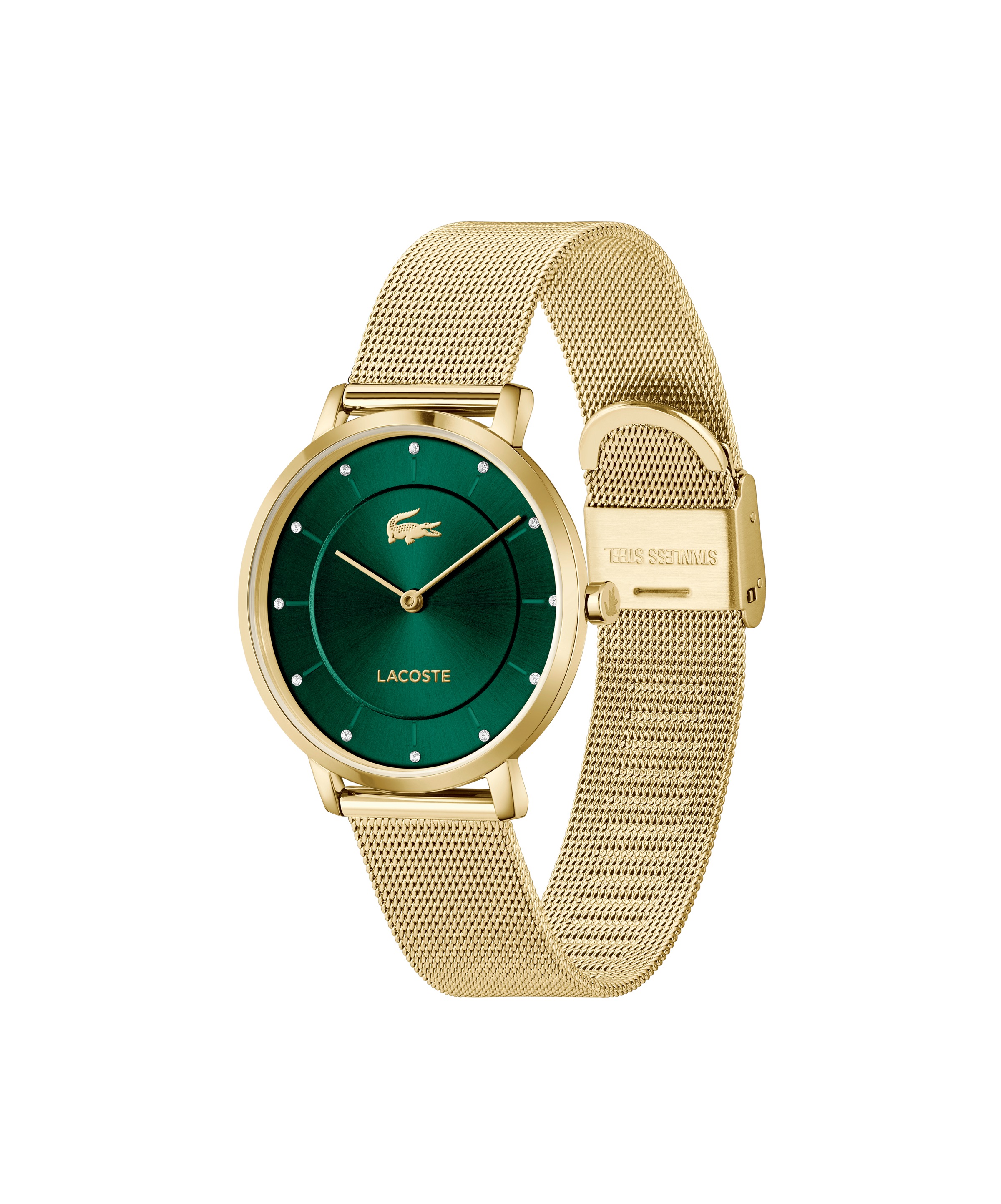 Lacoste Quarzuhr »CROCORIGIN«, Armbanduhr, Damenuhr, Edelstahlarmband, analog, Glassteine