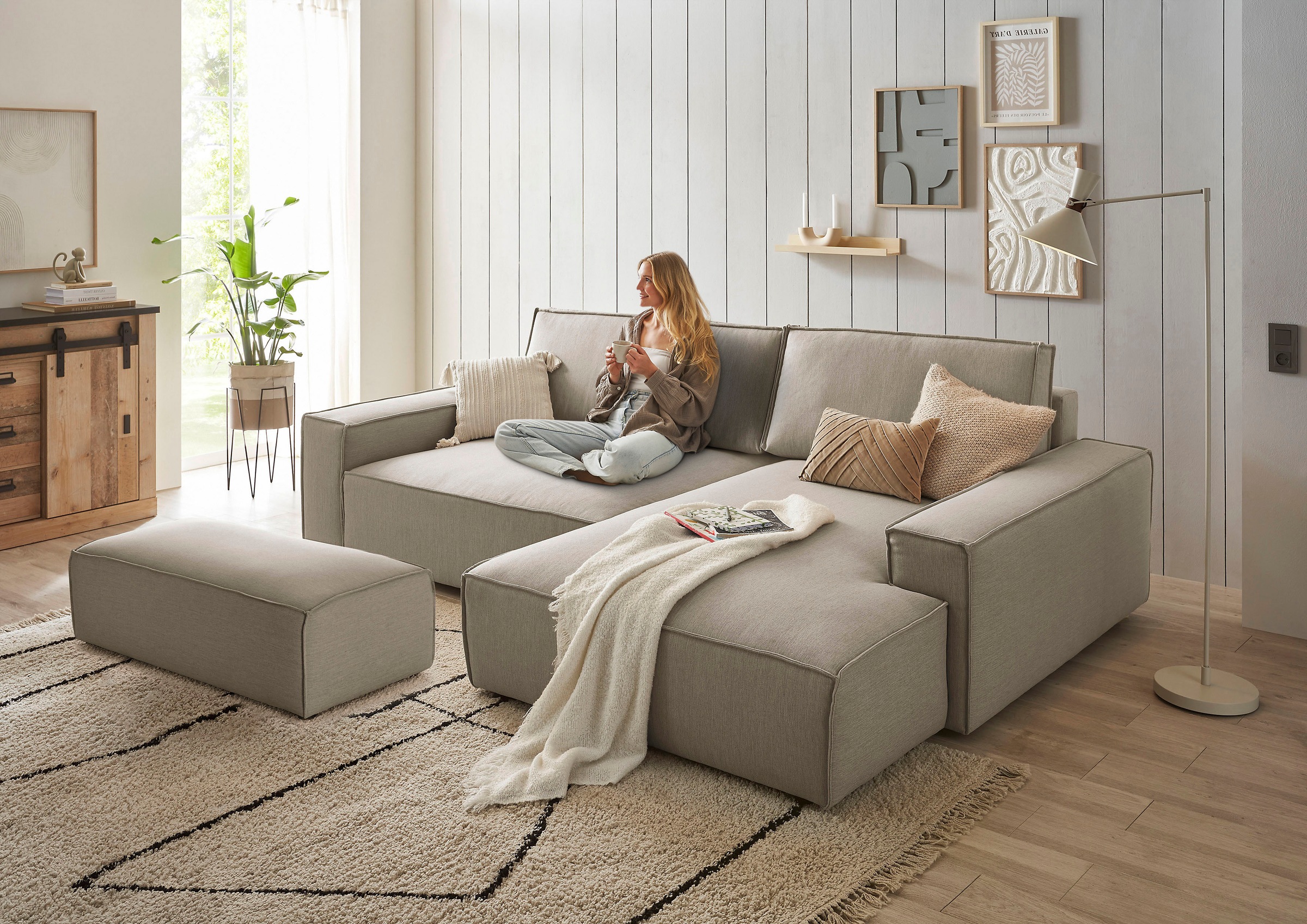 Home affaire Polsterecke »NEU: SHERWOOD XXL tief, L-Form mit Schlaffunktion, Big-Sofa mit Hocker« stellbar zum Schlafsofa (Krokodilverbinder), Cord, Leinenoptik,