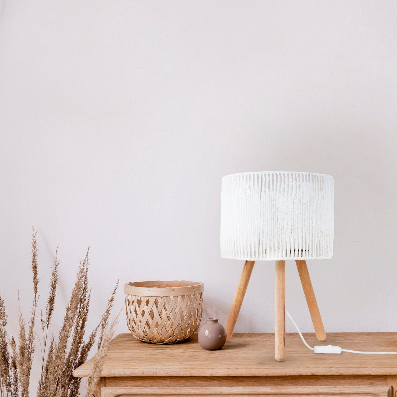 Paco Home Tischleuchte »PITA«, Leuchtmittel E27 | ohne Leuchtmittel, Nacht Schreib Lampenschirm Boho Holz Stativ E27