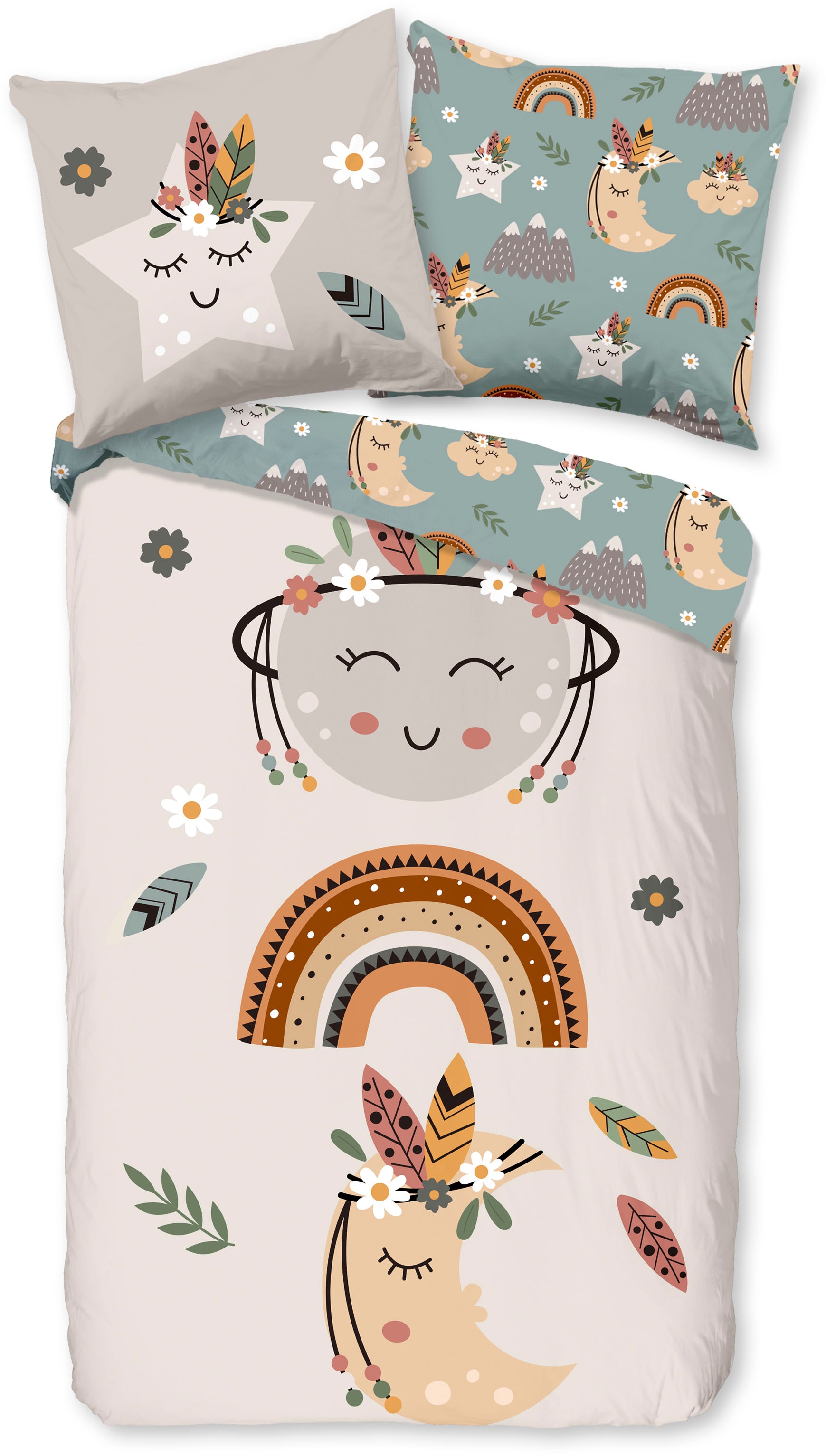good morning Kinderbettwäsche »Momo«, Mikrofaser, 135x200, Pflegeleicht, Wendeoptik, Kind, Boho, Mond, Sand