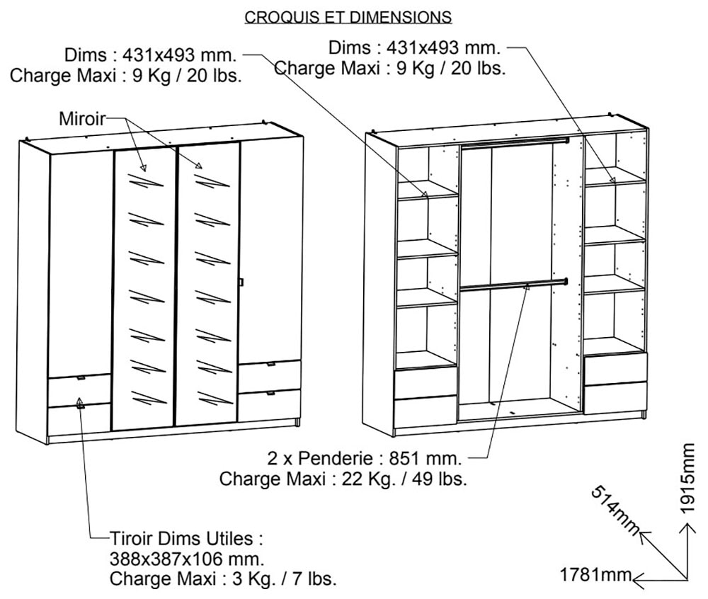 Demeyere GROUP Kleiderschrank »Mellie, 2 Spiegel, 4 Schubladen, 36 Regale, 2 Kleiderstangen«, (H/B/ T ca. 191/180/52cm), maximaler Stauraum, Made in France