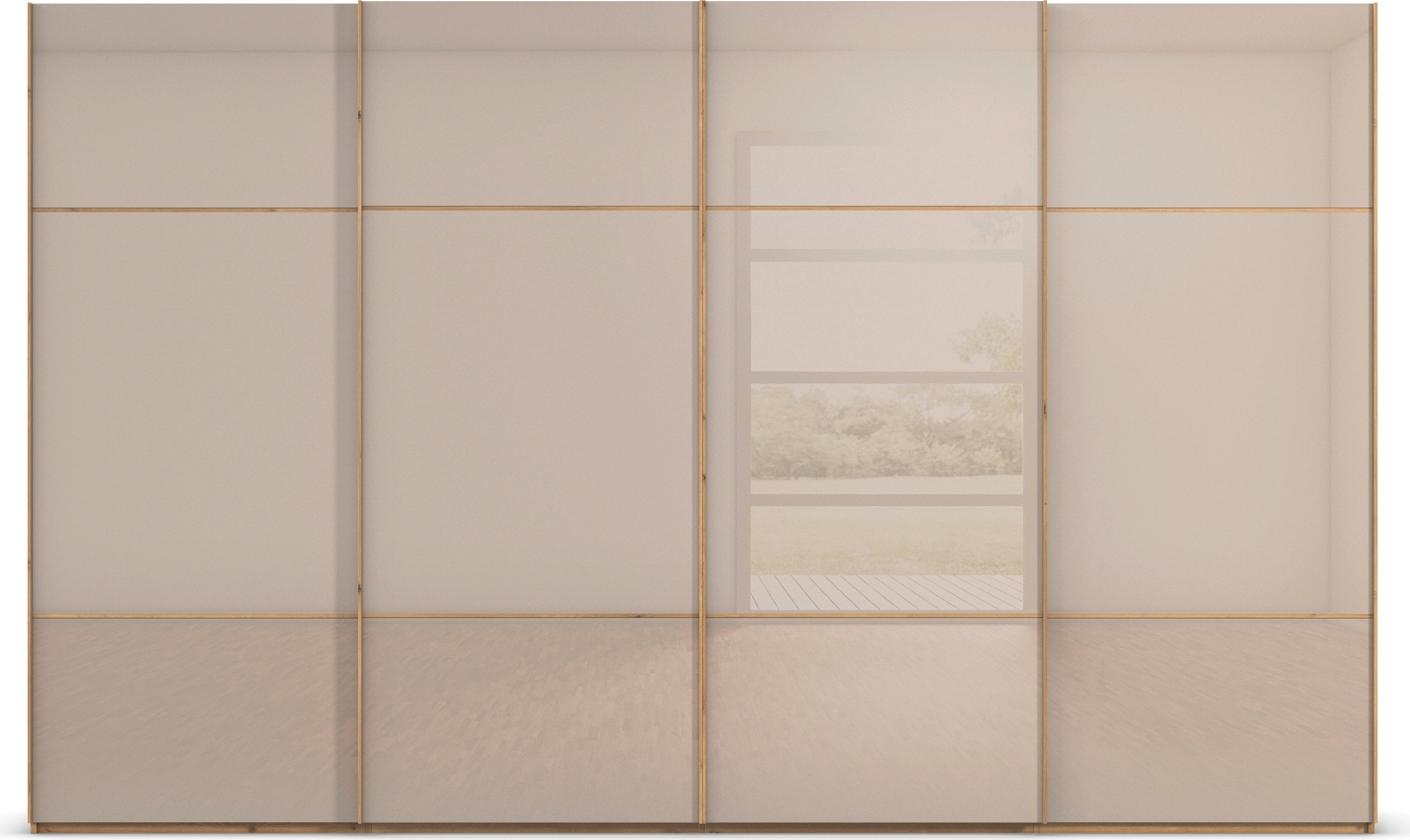 rauch Schwebetürenschrank »Kleiderschrank Schrank Garderobe Schlafzimmerschrank SCALE-TRIO«, edle dreigeteilte Front mit 2 Zierleisten Glasfront MADE IN GERMANY