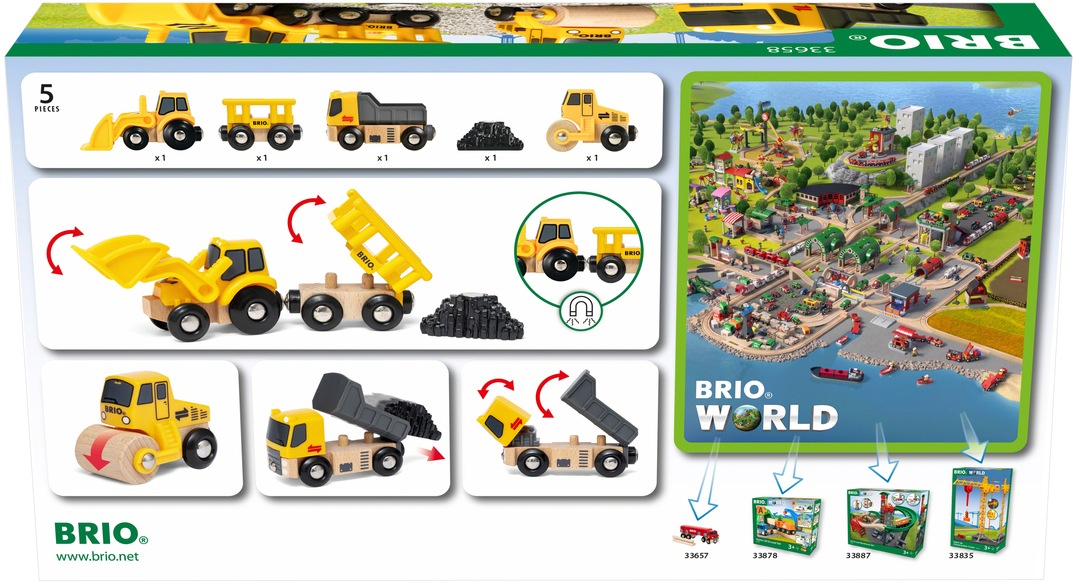 BRIO® Spielzeug-Eisenbahn »Baustellenfahrzeuge«, (Set, 3 tlg.), Kipper, Walze und Bagger m. Anhänger; FSC® - schützt Wald - weltweit