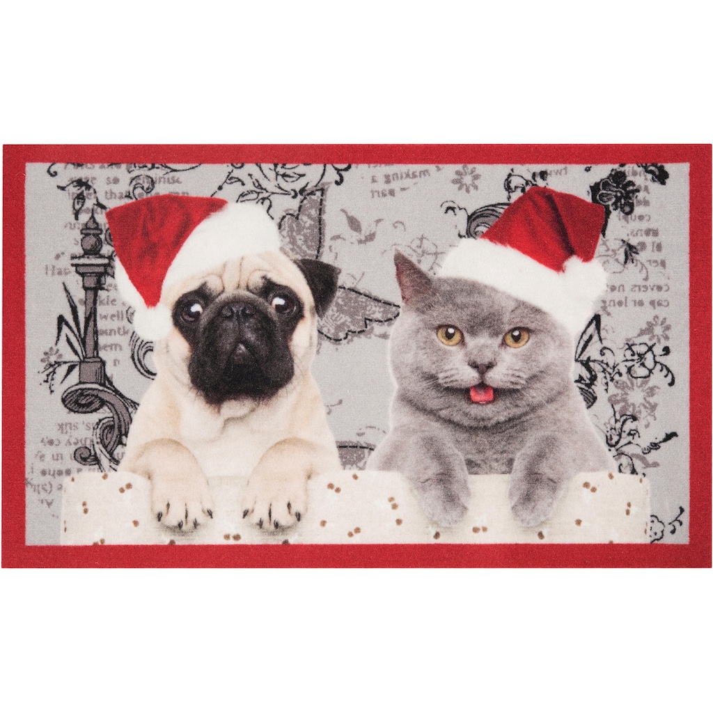 HANSE Home Fußmatte »Christmas Cat Dog«, rechteckig, Motiv Hund & Katze, Pflegeleicht, Rutschfest, Weihnachten, Waschbar