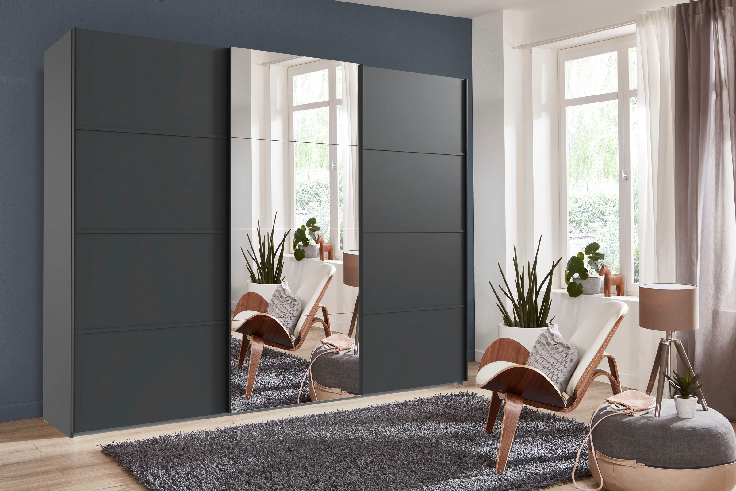 Wimex Schwebetürenschrank »Jork Kleiderschrank mit Spiegel, schwarze Metallgriffe«, Schrank in verschiedenen Größen und Innenausstattungsvarianten
