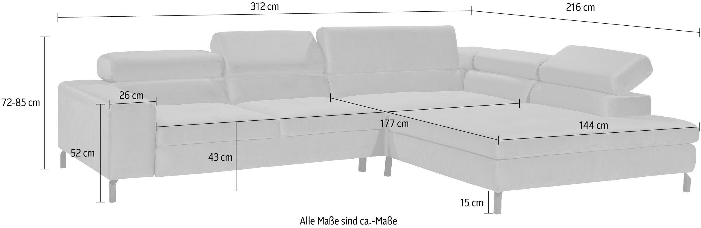 GALLERY M branded by Musterring Ecksofa »Felicia Due L-Form«, Wahlweise mit Sitzvorzug, inkl. Kopfteilverstellung, Sitzhöhe 43 cm